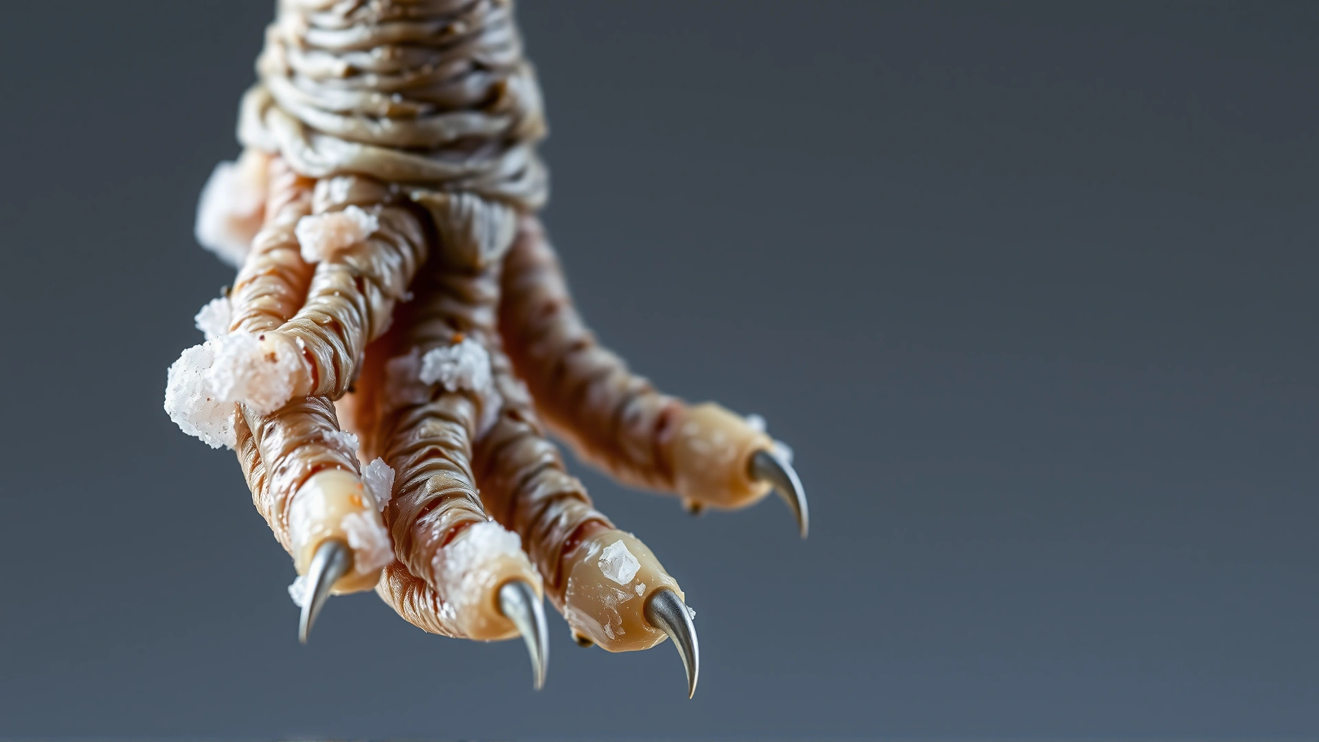 Macro close-up of a bird’s foot showing white chalky uric acid crystal deposits around the joint, sharp focus, neutral background