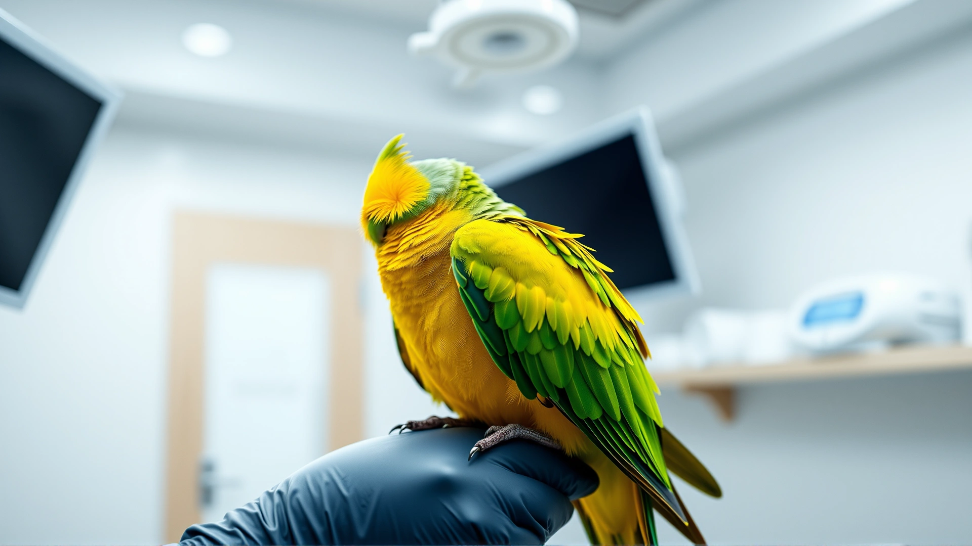 Bright, uplifting image of a healthy parrot perched on a veterinarian's gloved hand inside a modern clinic; the bird is calm and alert, no text on image.