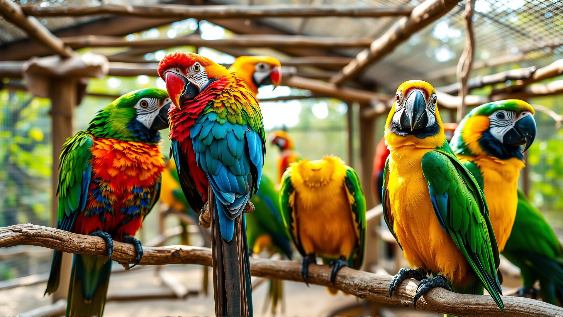 Wide-angle shot of multiple vibrant parrots perched on natural wooden branches in an outdoor aviary under soft sunlight, emphasizing bird diversity and health.
