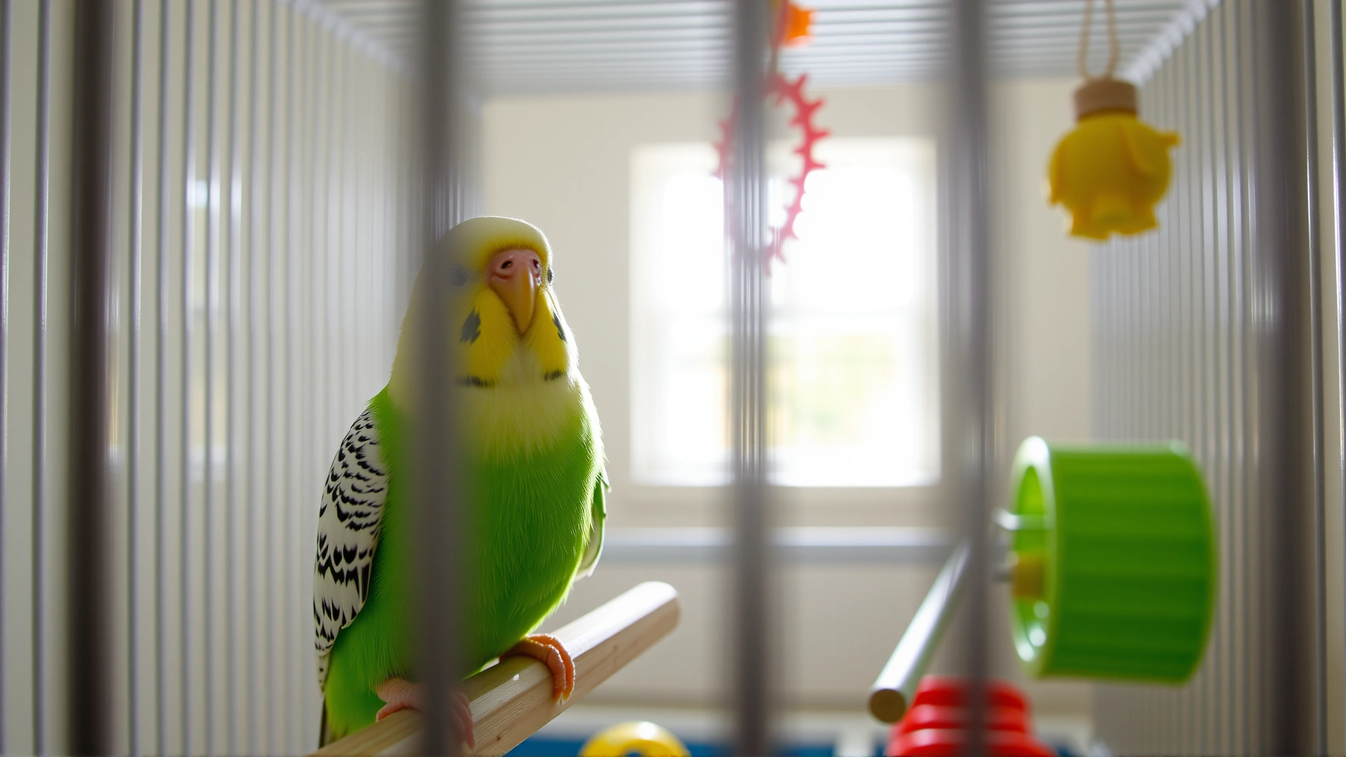 Bright, inviting shot of two healthy budgerigars inside a spacious, clean cage with toys and natural light streaming in.