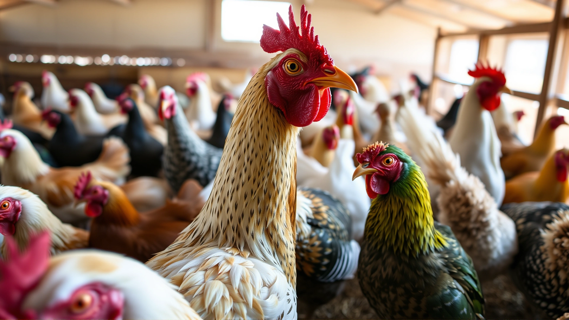 Wide-angle shot of a variety of domestic birds (chickens, parrots, turkeys) in a barn setting, soft depth of field, emphasizing diversity of species affected by Newcastle disease