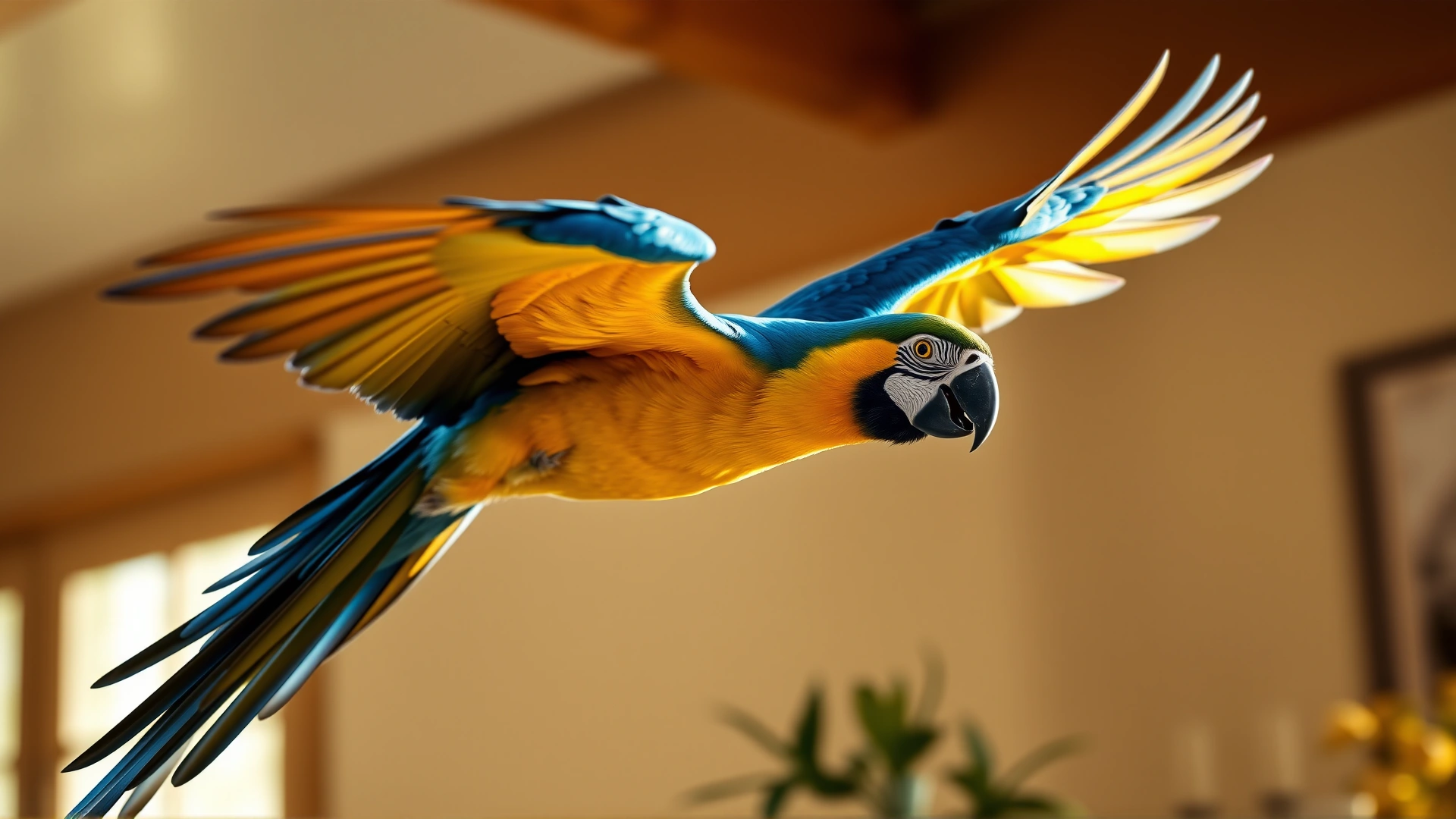Wide-angle image of a blue-and-gold macaw in flight indoors with diffused warm light, symbolizing freedom and healthy breathing