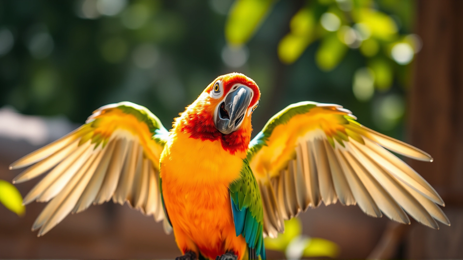 Wide-angle shot of a happy, brightly colored parrot spreading its wings in natural sunlight, showcasing healthy feathers against a soft blurred background.