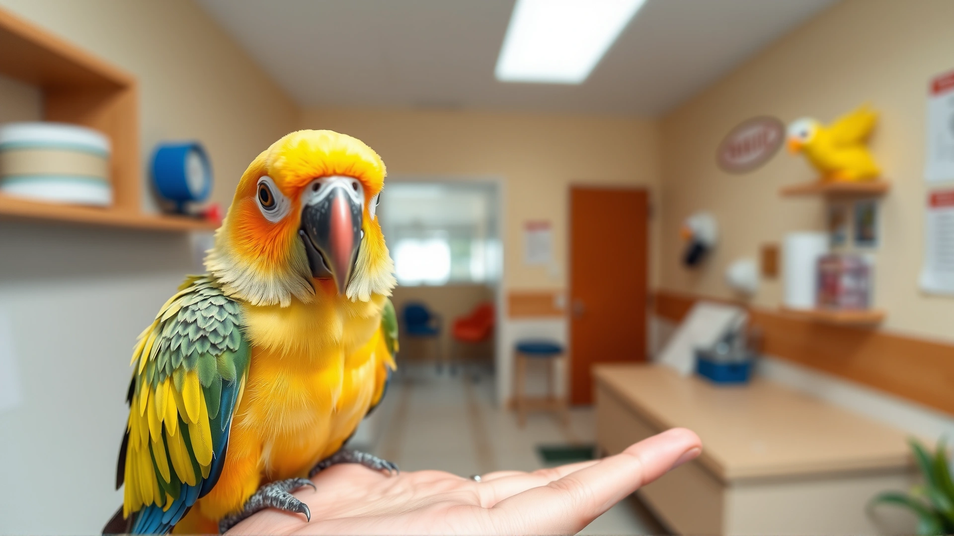 Wide-angle image of a healthy parrot perched on a caregiver’s hand with a soft, out-of-focus veterinary clinic background, giving a welcoming hero feel
