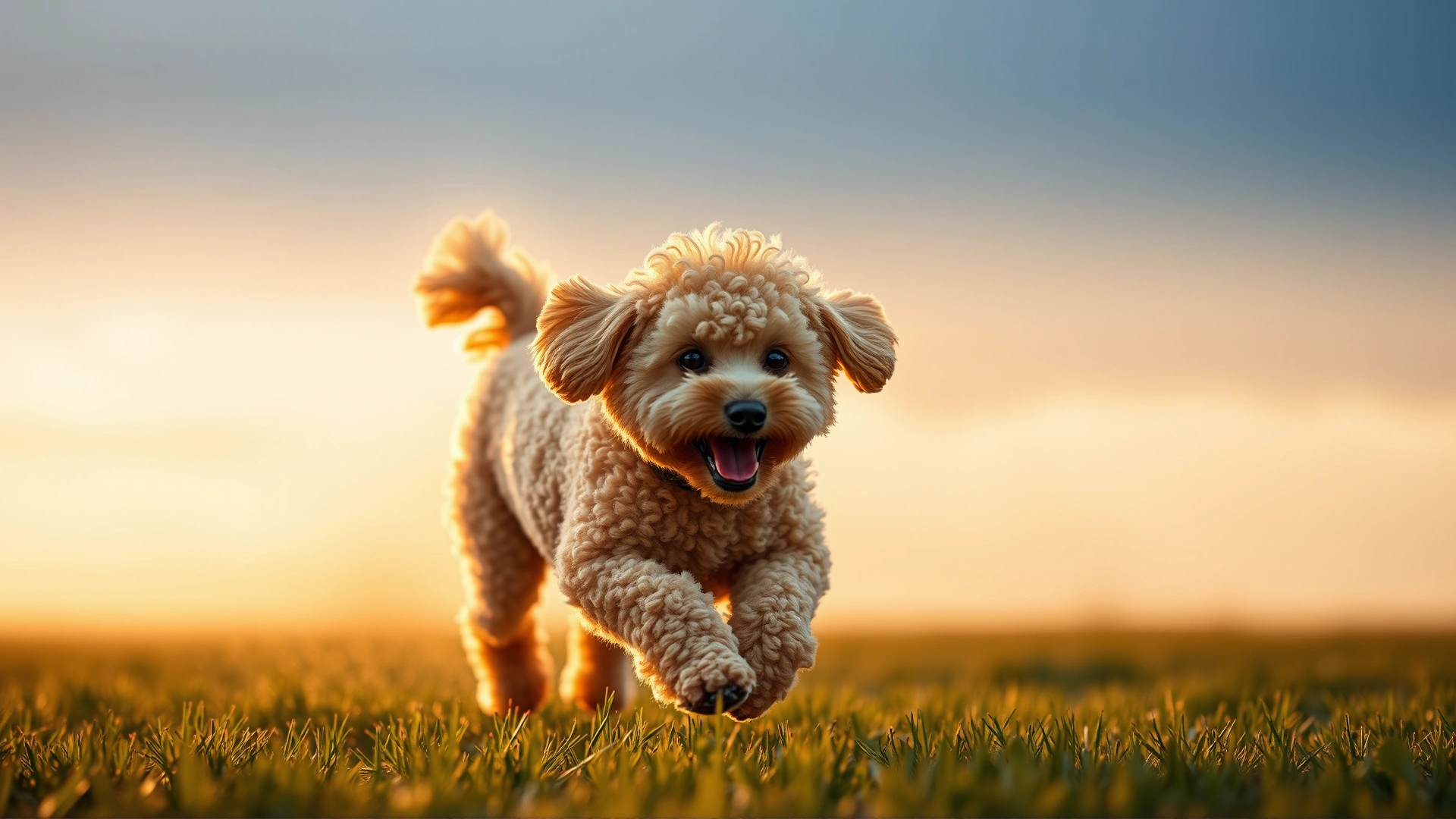 Wide hero image of a Miniature Poodle running joyfully across a grassy field at sunset, with warm golden light illuminating its curly coat.
