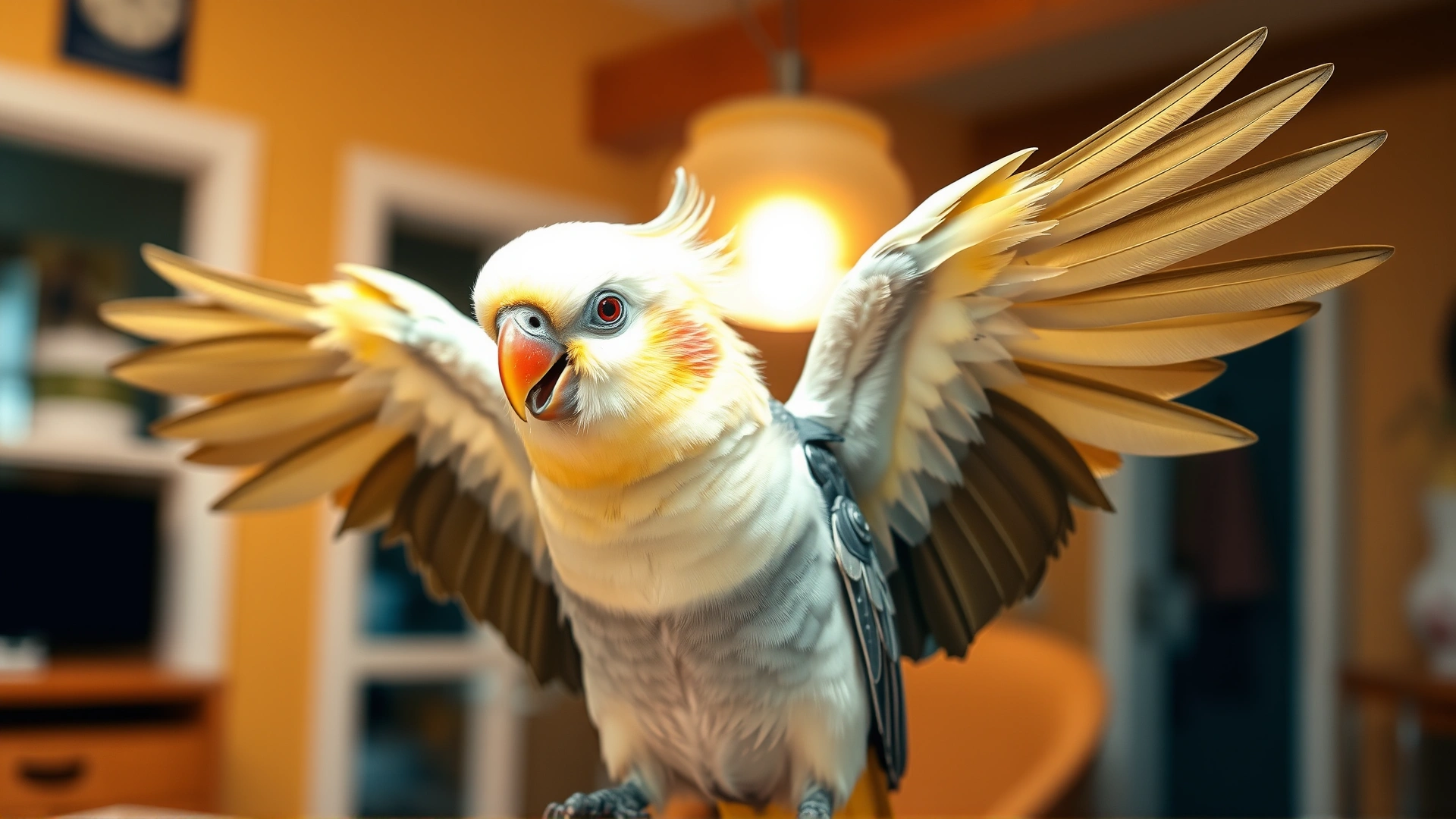 Wide-angle photo of a cheerful cockatiel spreading its wings against a blurred indoor background with warm lighting.