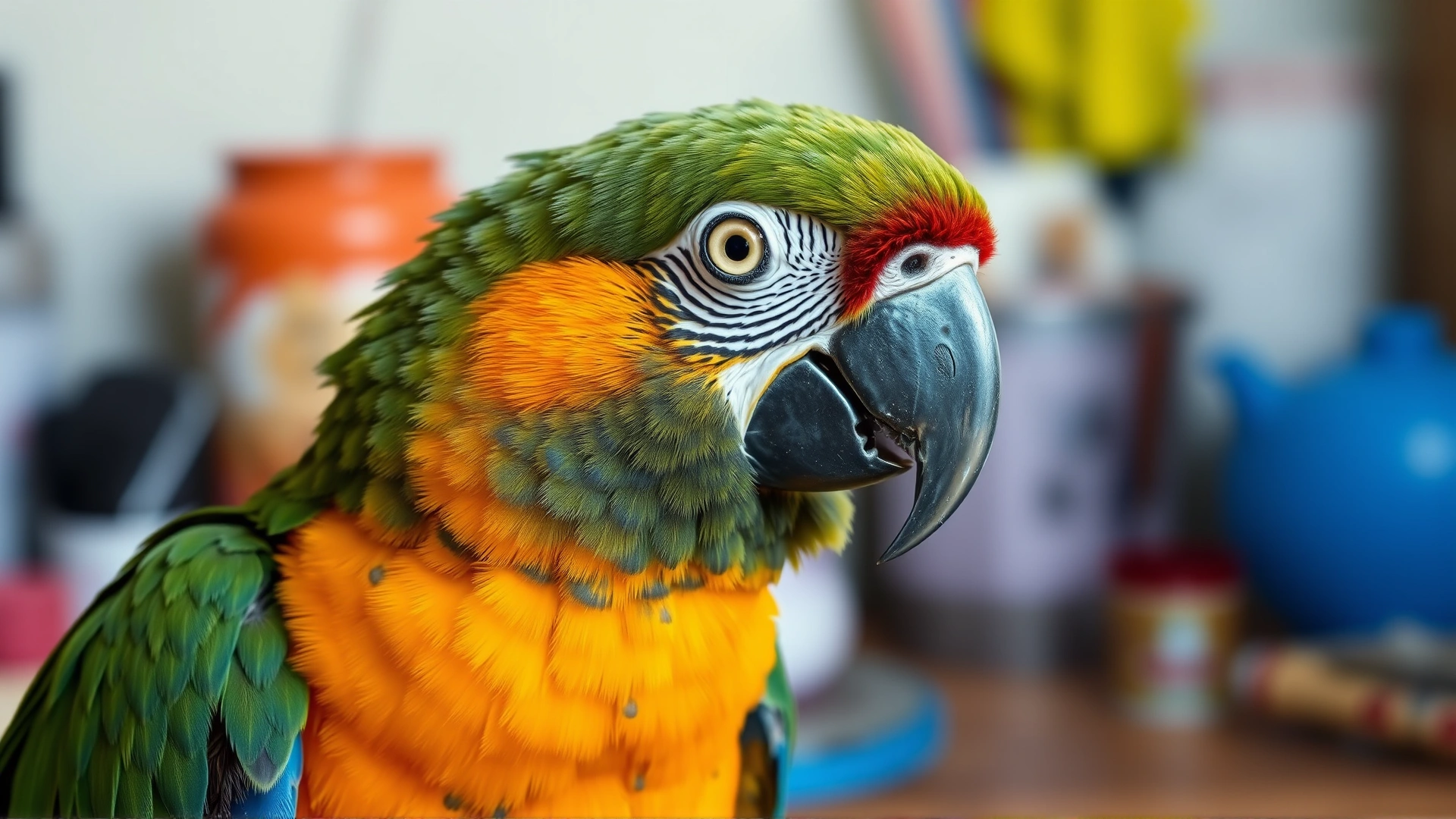 Close-up of a colorful parrot looking alert with a faint blurred background of household items, symbolizing awareness of indoor air quality.