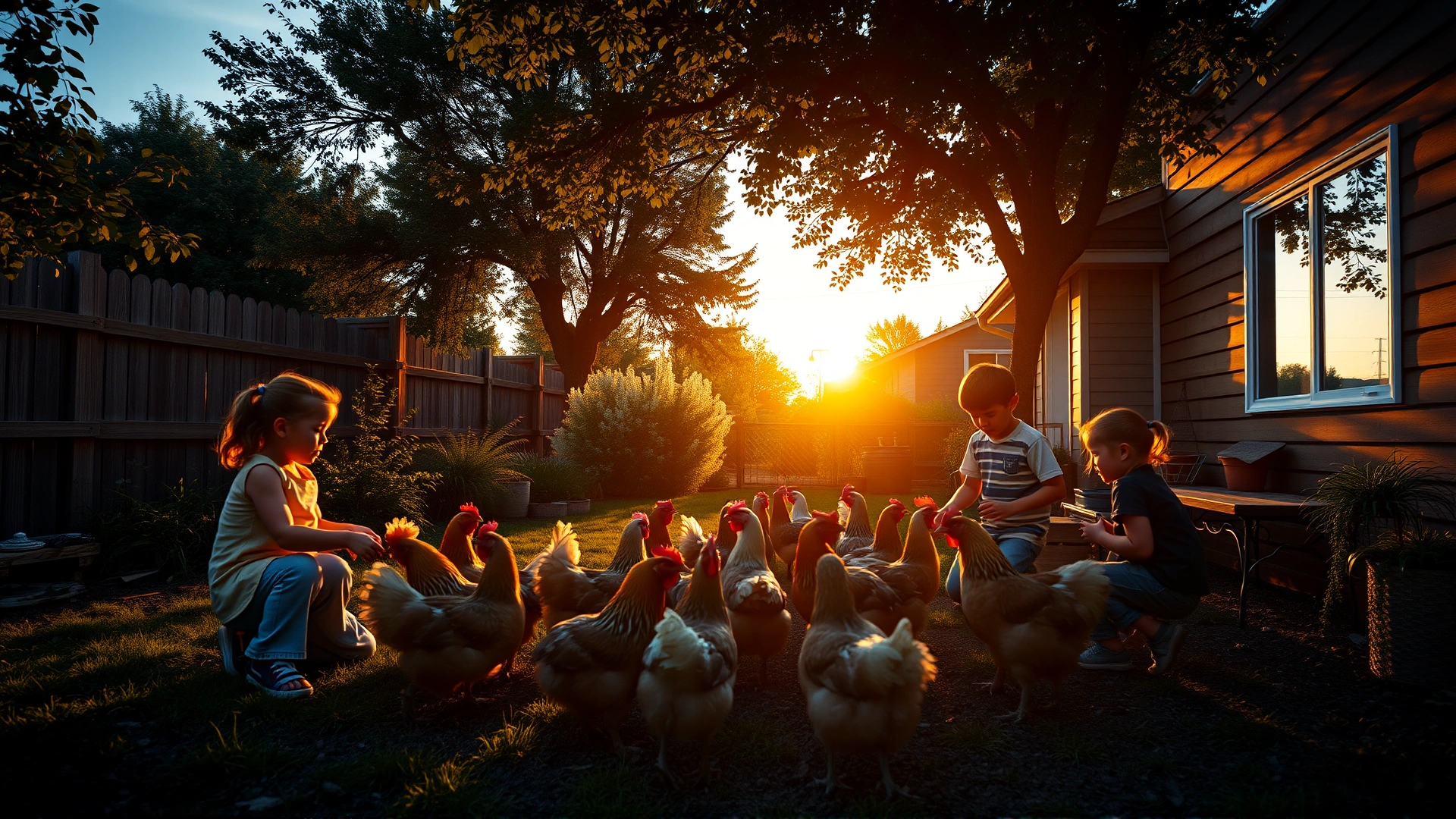 Wide shot of a suburban family backyard with children feeding a small flock of chickens at sunset, warm and inviting atmosphere.