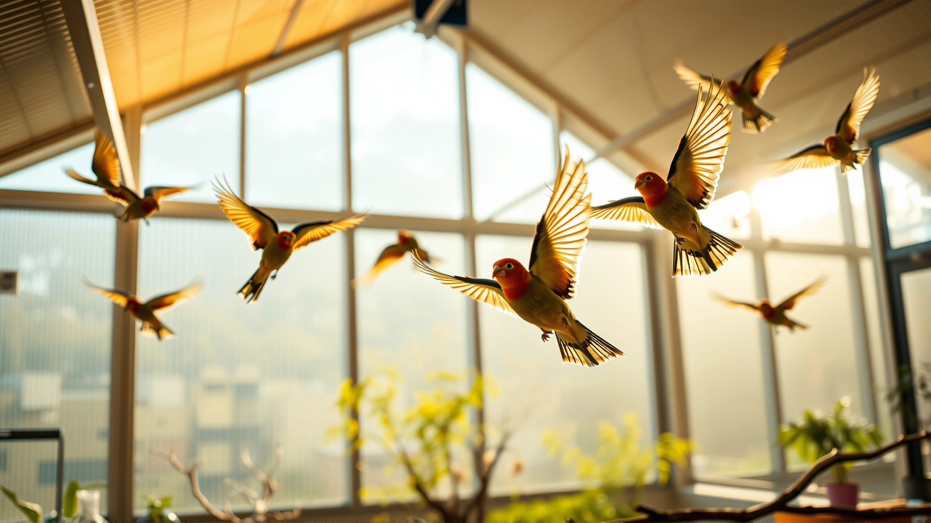 Wide panoramic shot of several finches flying across a sun-lit indoor aviary with soft focus background and warm morning light streaming through large windows.