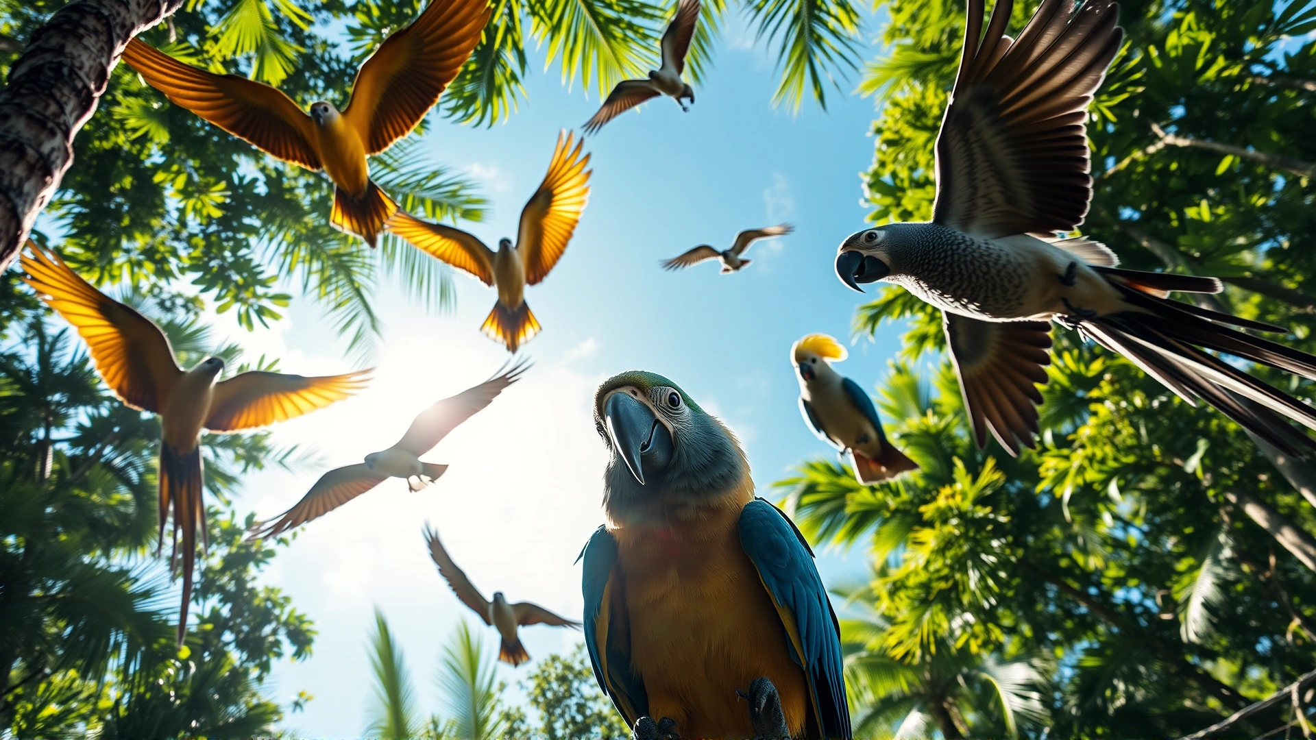 Wide-angle shot of various parrot species (macaw, cockatoo, African grey, budgie) flying freely in a sunlit tropical forest canopy.