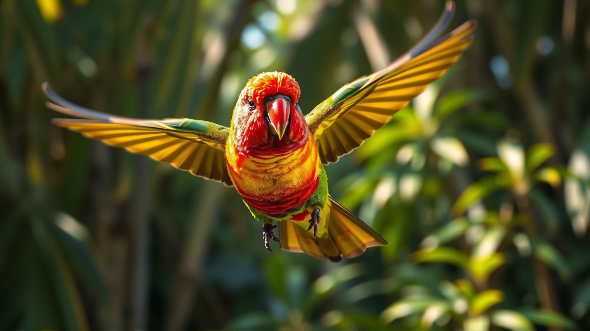 Dynamic shot of a flying lorikeet approaching the camera against a softly blurred jungle background, vibrant colors popping in natural light.