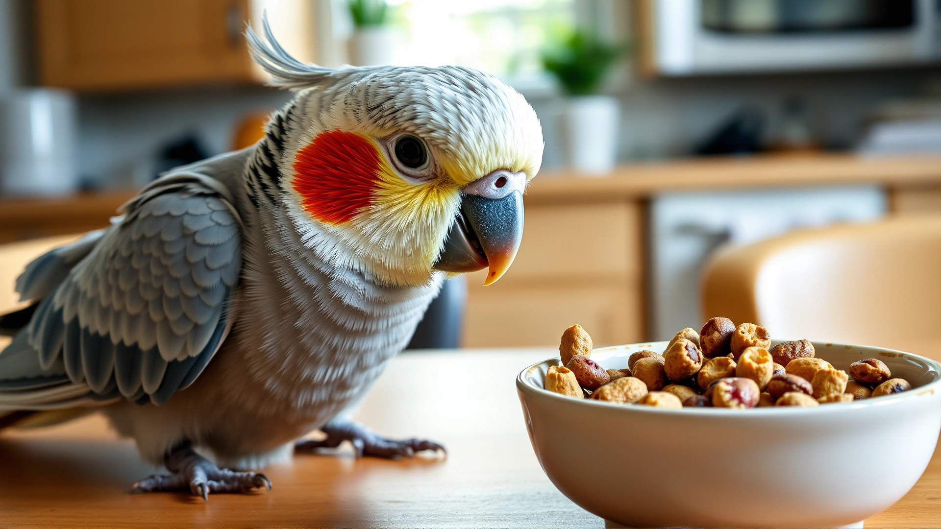 Close-up of a cheerful cockatiel eating pellets from a ceramic bowl on a kitchen table, natural lighting, high-resolution