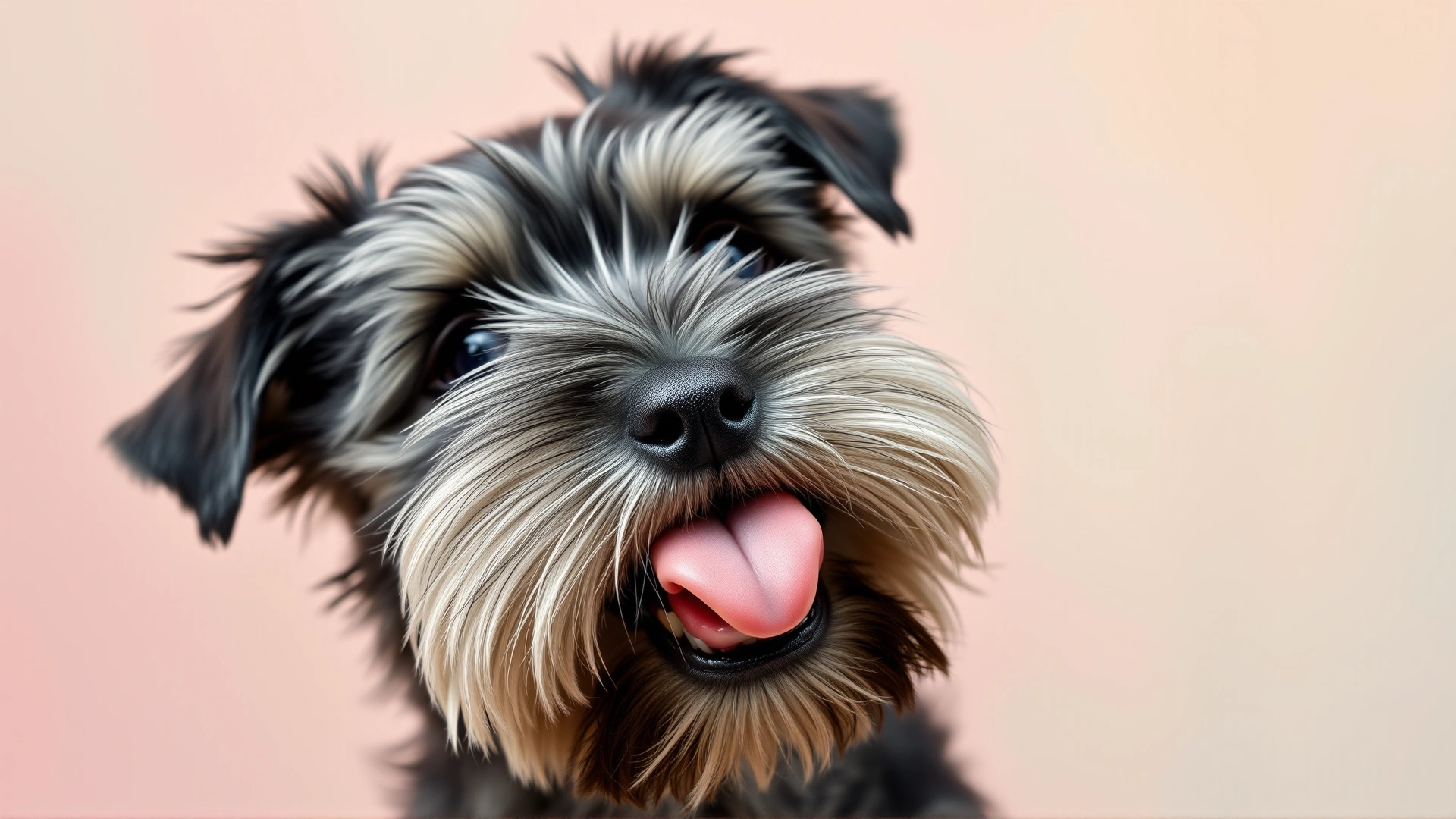 Close-up shot of a smiling Miniature Schnauzer puppy with its tongue out against a soft pastel background