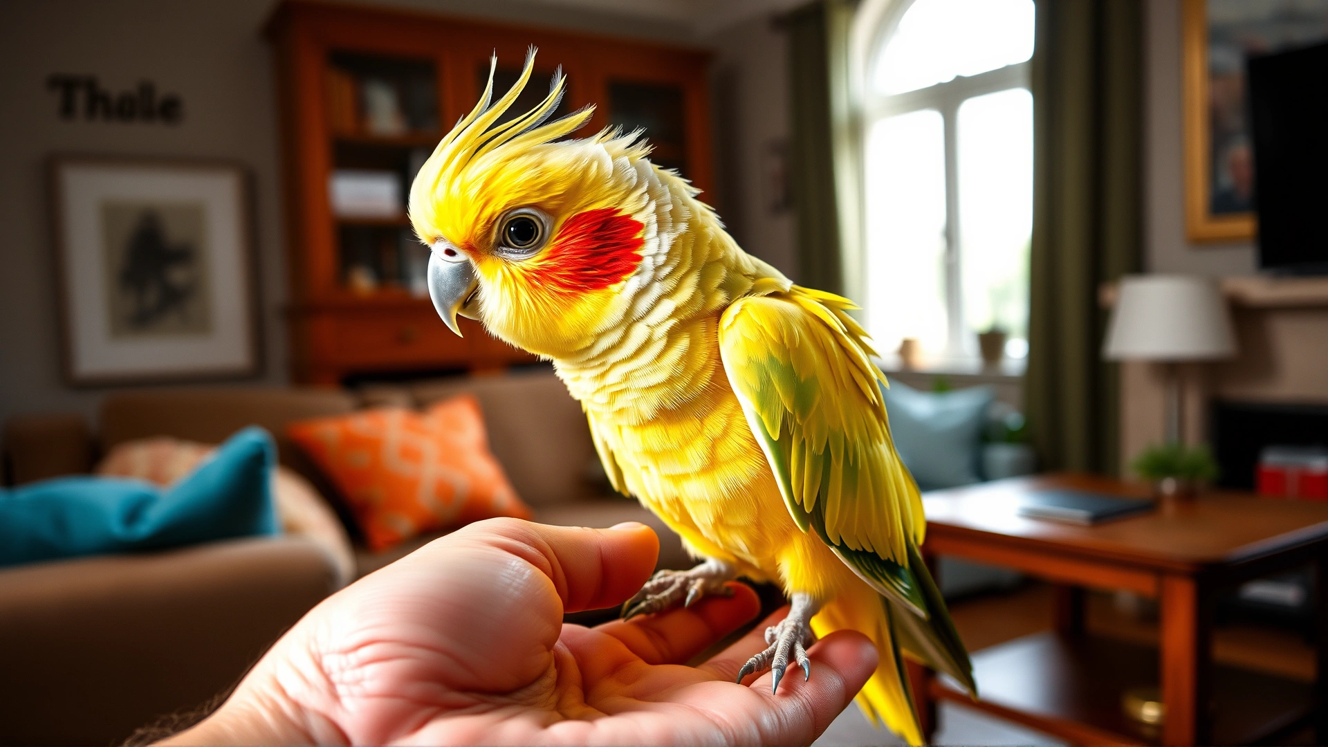 Bright, close-up photo of a colourful cockatiel perched on a human hand in a cozy living room, conveying warmth and connection.