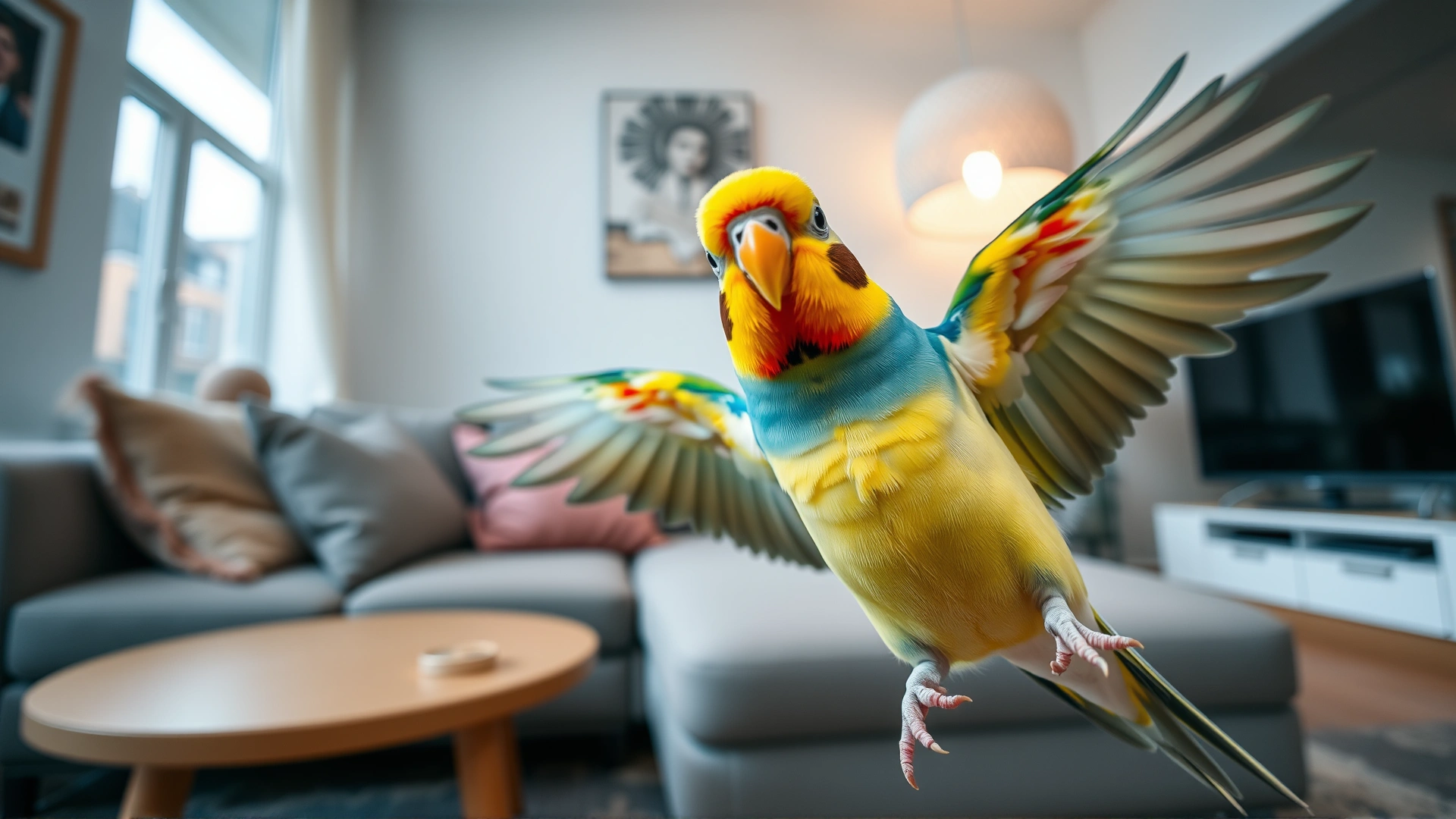 Close-up, wide-angle shot of a colorful budgie spreading its wings inside a modern living room, conveying the joy of owning a pet bird, with soft natural lighting.