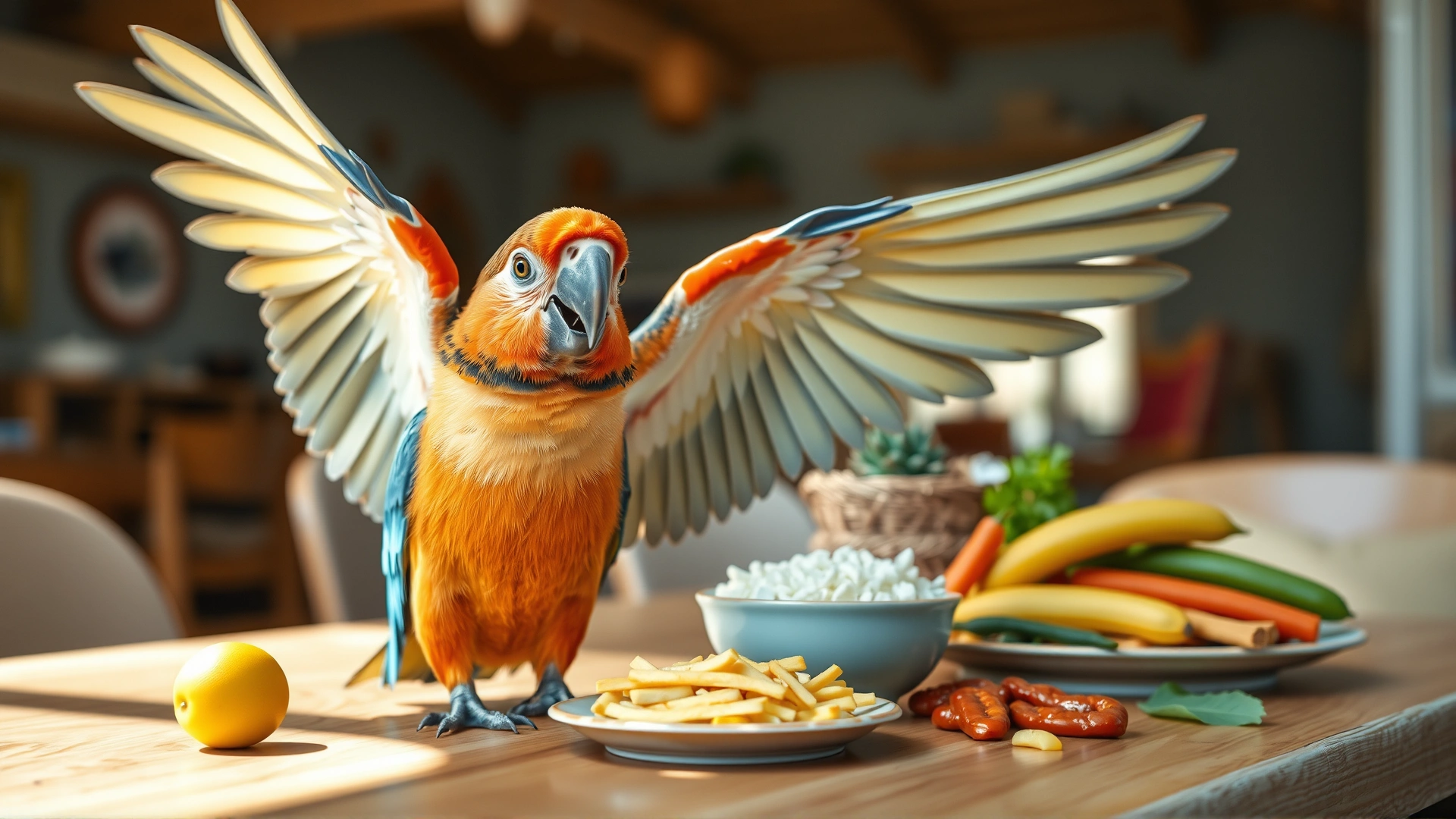 Wide-angle shot of a happy pet parrot spreading its wings while perched near assorted healthy foods on a wooden table, bright and inviting atmosphere, natural light