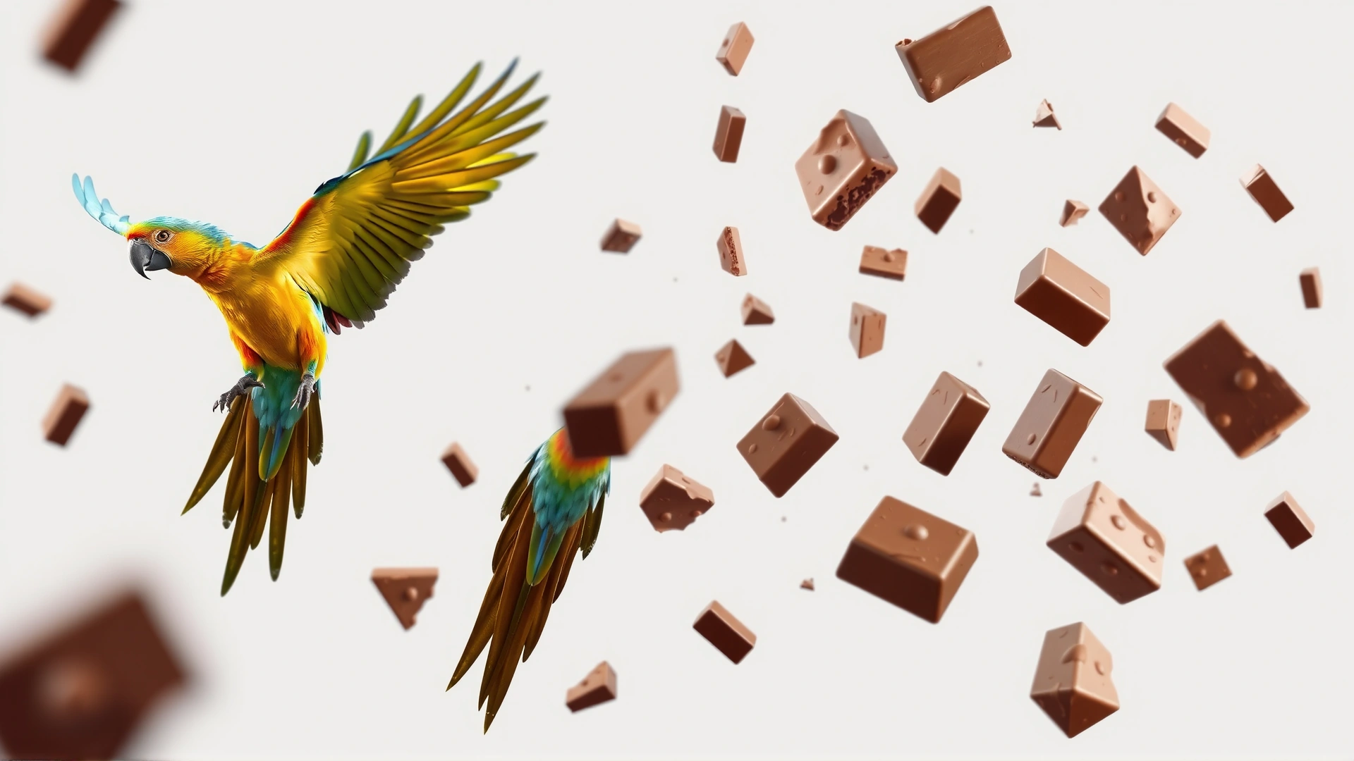 Illustration of a colorful parrot flying away from floating chocolate pieces on a light background, dynamic and energetic