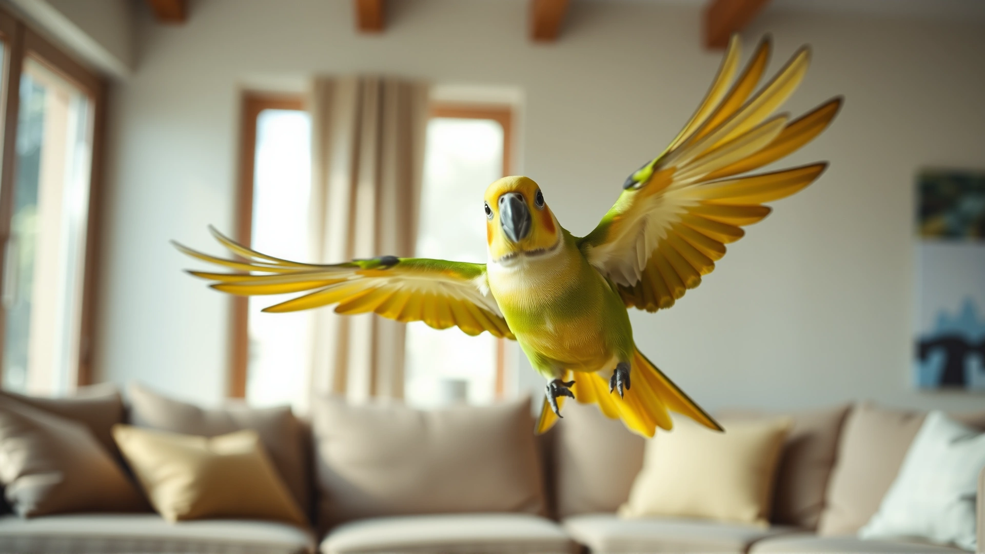 Wide hero image of a playful small conure spreading its wings while flying indoors, subtle motion blur, bright living room setting