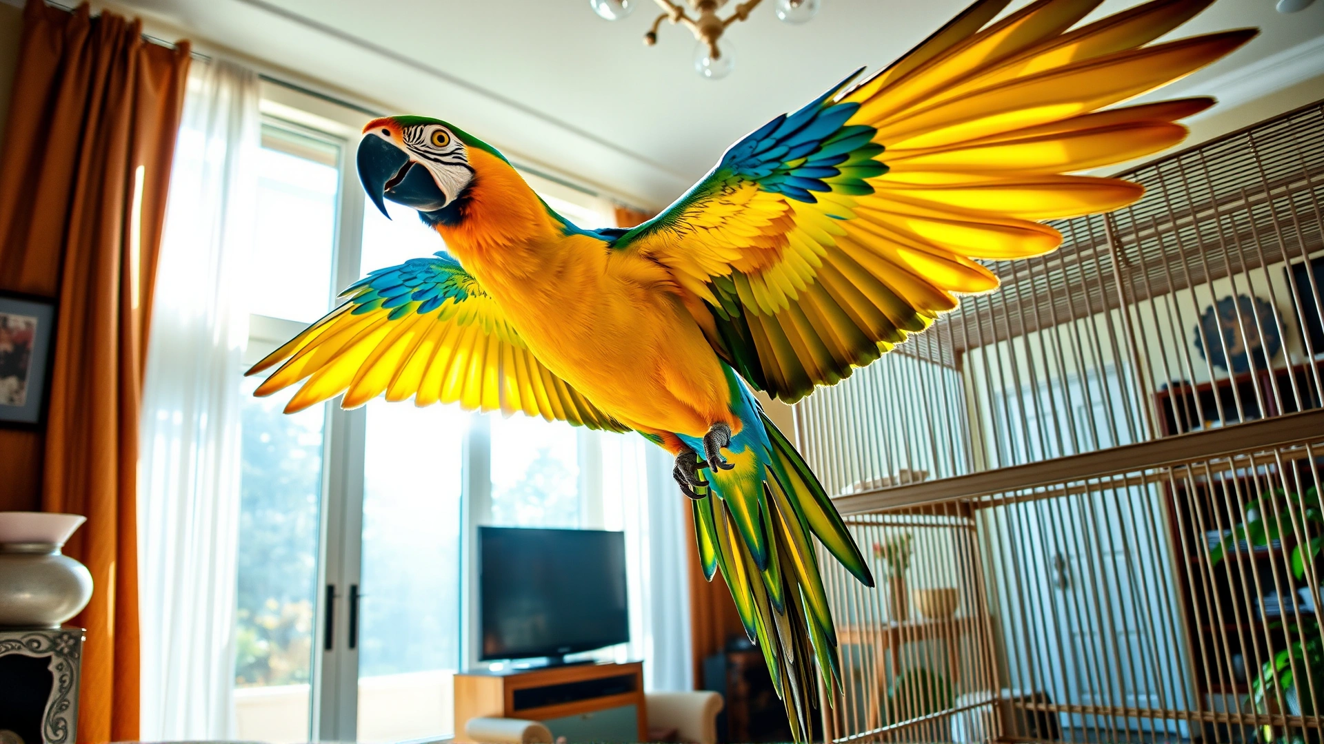 Wide-angle shot of a sunlit living room with a large parrot cage and a brilliantly colored macaw spreading its wings, conveying the beauty and presence of a pet bird.