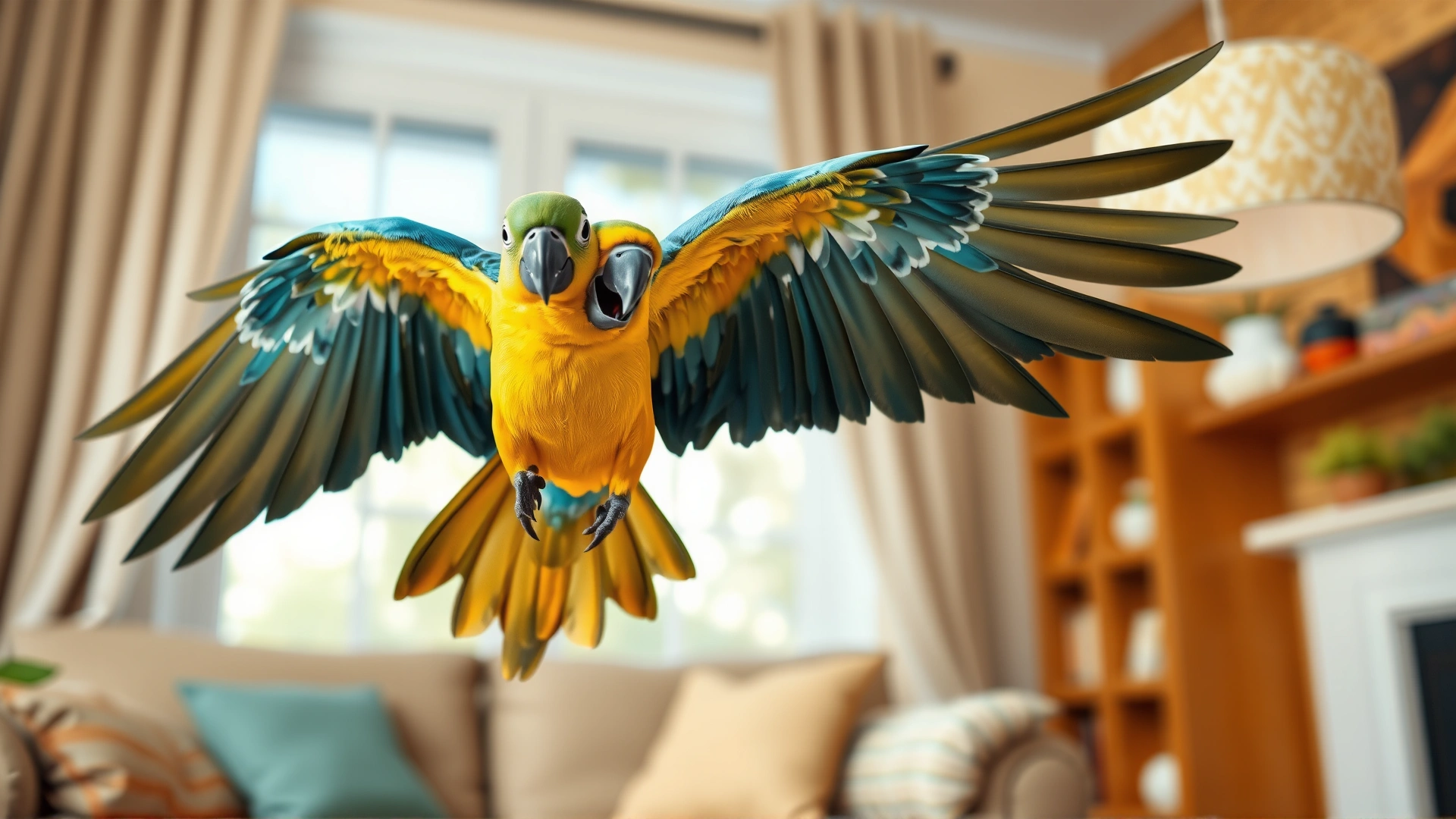 Close-up of a cheerful parrot spreading its wings mid-flight inside a living room, conveying energy and playfulness; soft focus background, warm colors