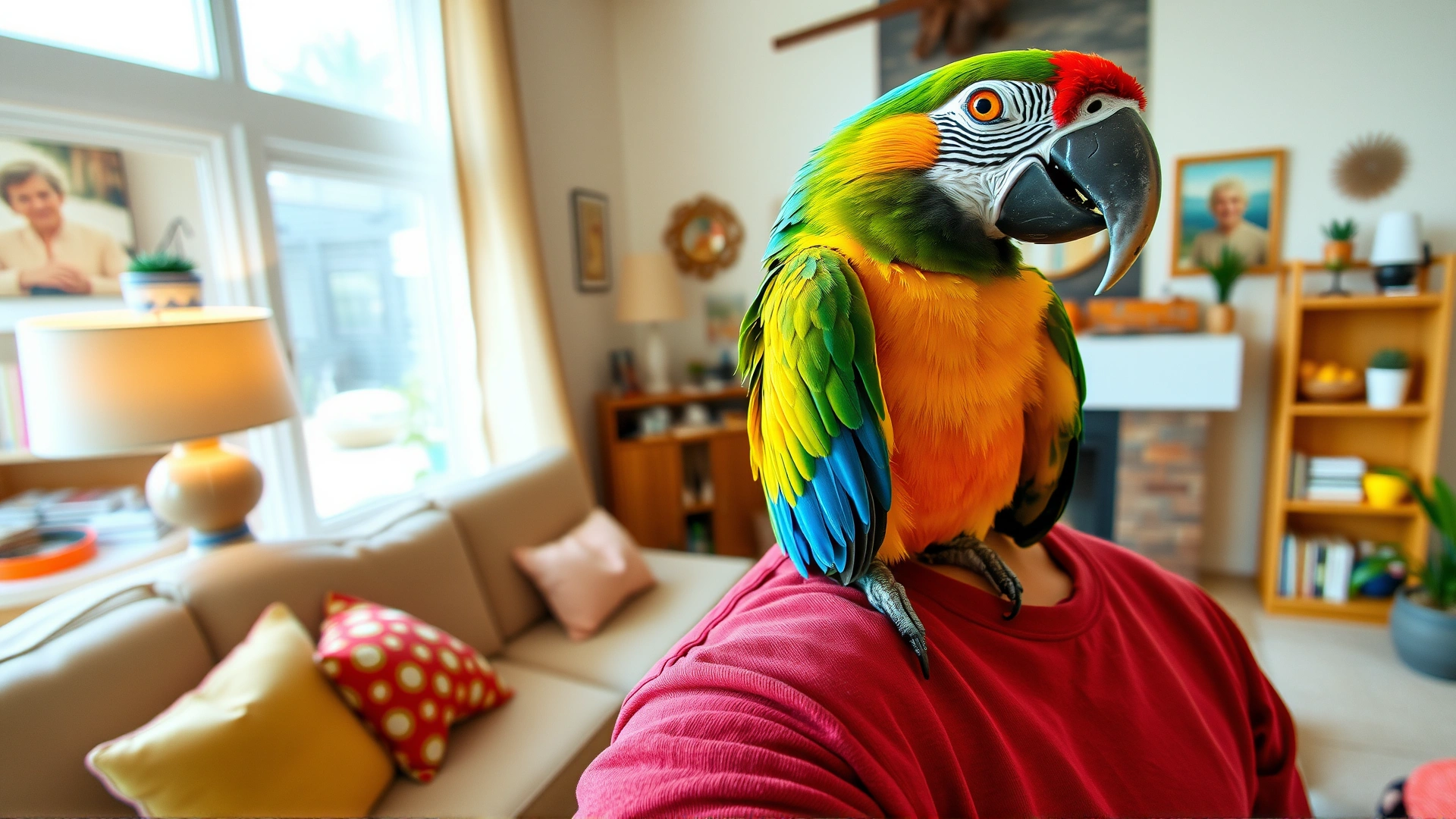 Wide-angle shot of a colorful parrot perched on a smiling owner's shoulder in a cozy living room, conveying companionship and warmth.