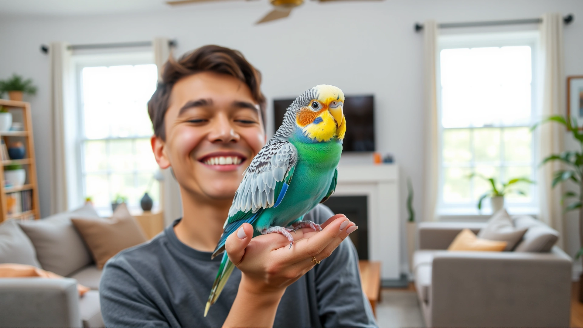 Happy person gently holding a colourful Budgie in a bright living room, conveying allergy-friendly companionship