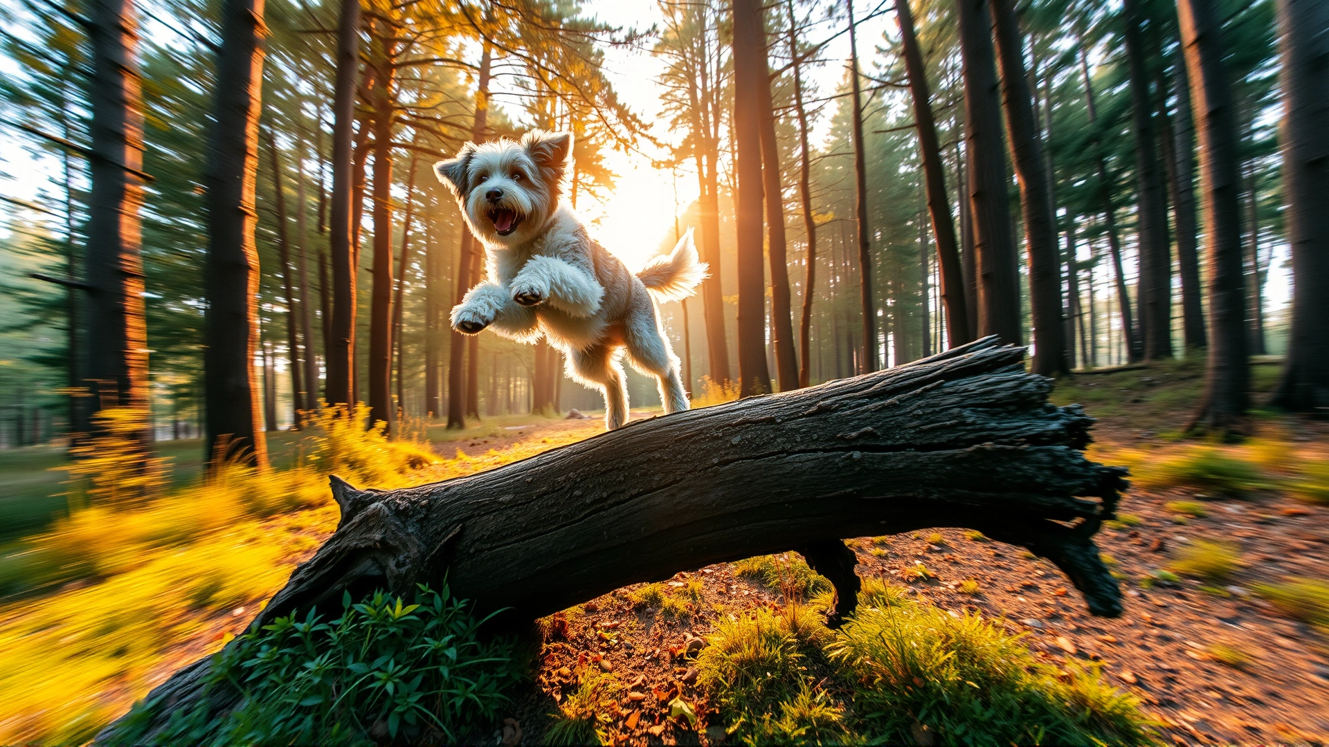 Wide-angle photo of an Aussiedoodle joyfully leaping over a fallen tree in a forest trail at sunrise, warm golden light and motion blur convey energy.