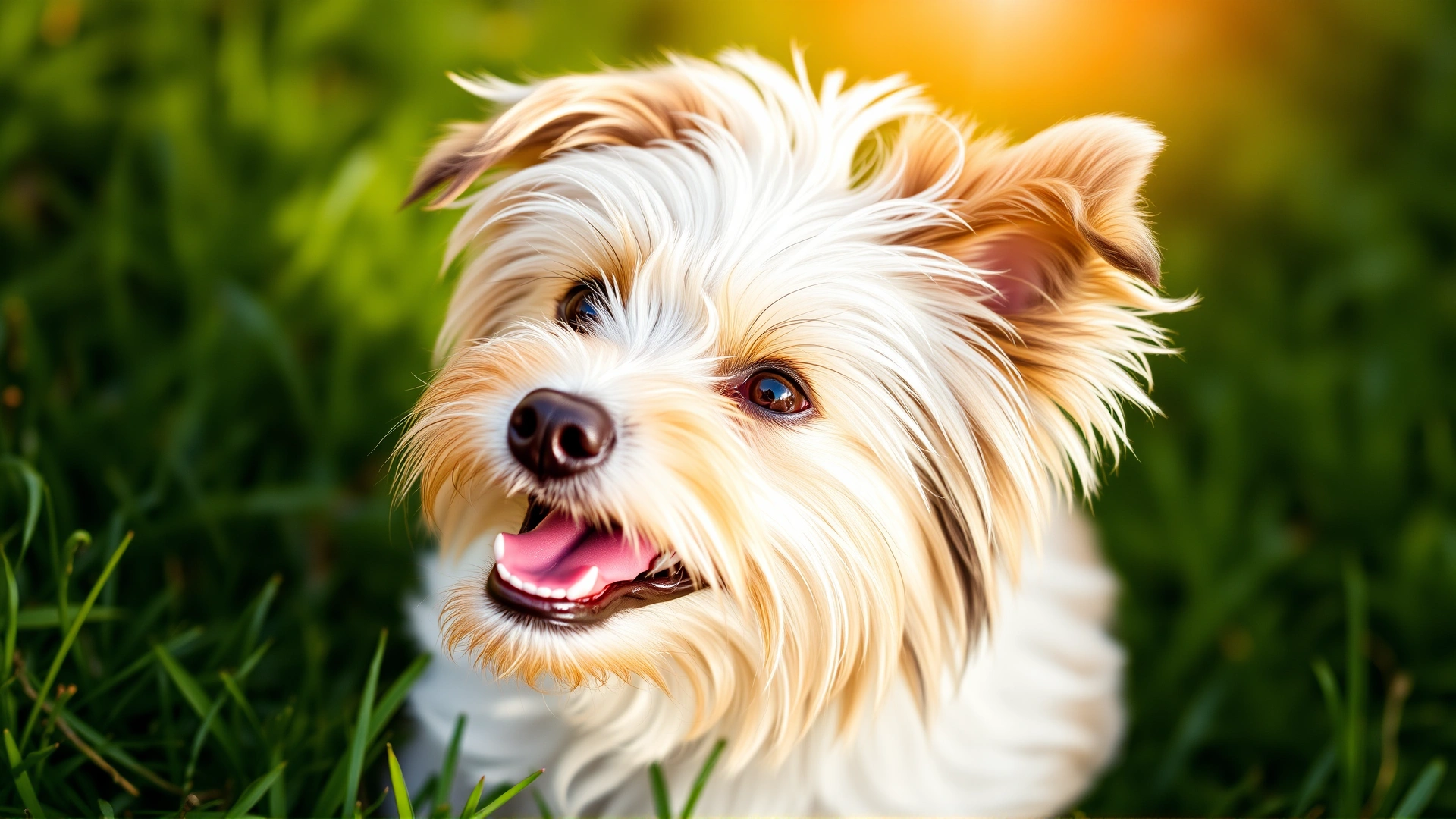 Close-up portrait of a smiling adult Morkie outdoors on fresh green grass, sunlight illuminating its silky hair, shallow depth of field