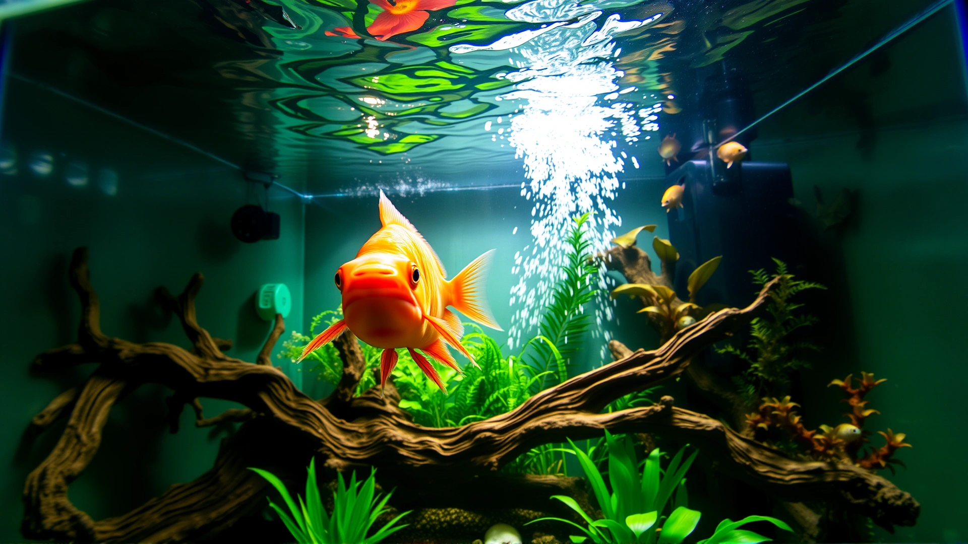 Wide-angle photograph of a spacious home aquarium featuring a single large Arowana swimming front and center, surrounded by driftwood and lush aquatic plants; captured from viewers' eye-level to evoke grandeur.