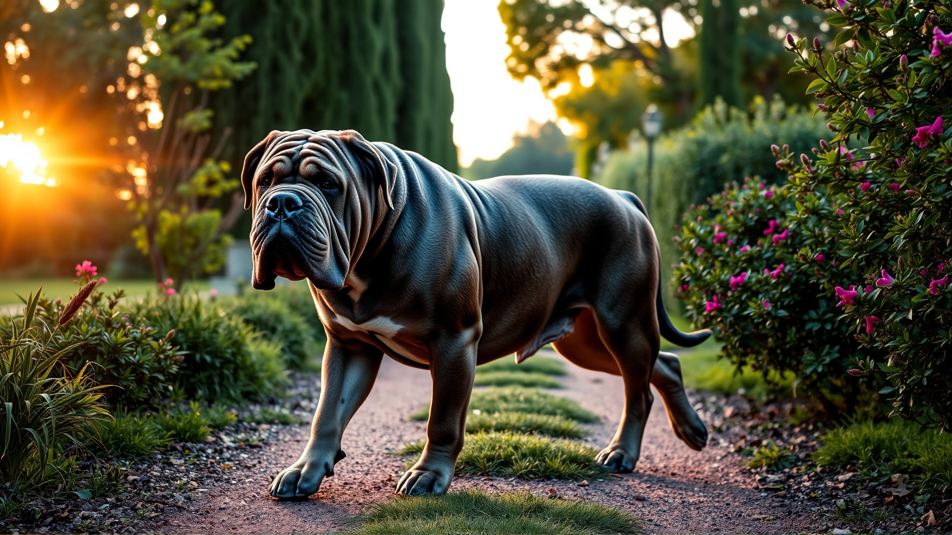 Wide-angle shot of an adult Neapolitan Mastiff walking confidently through a lush garden path at sunrise, highlighting the dog's muscular frame and distinctive wrinkles.
