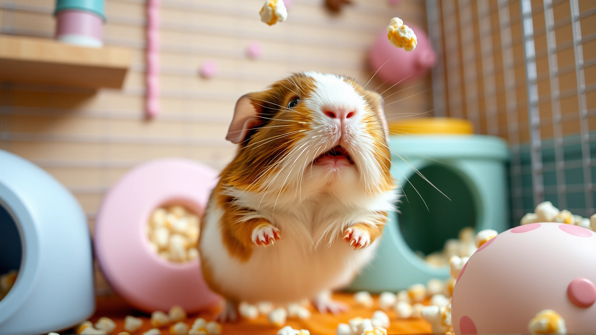 Close-up shot of a happy guinea pig leaping in the air (popcorning) inside a cozy indoor enclosure with pastel-colored accessories