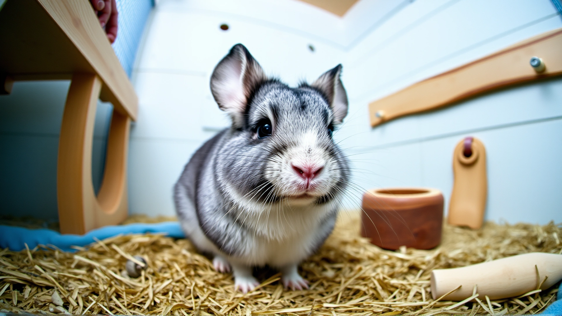 Wide-angle shot of a curious chinchilla in a clean, spacious enclosure with hay and wooden accessories, symbolizing overall stomach health