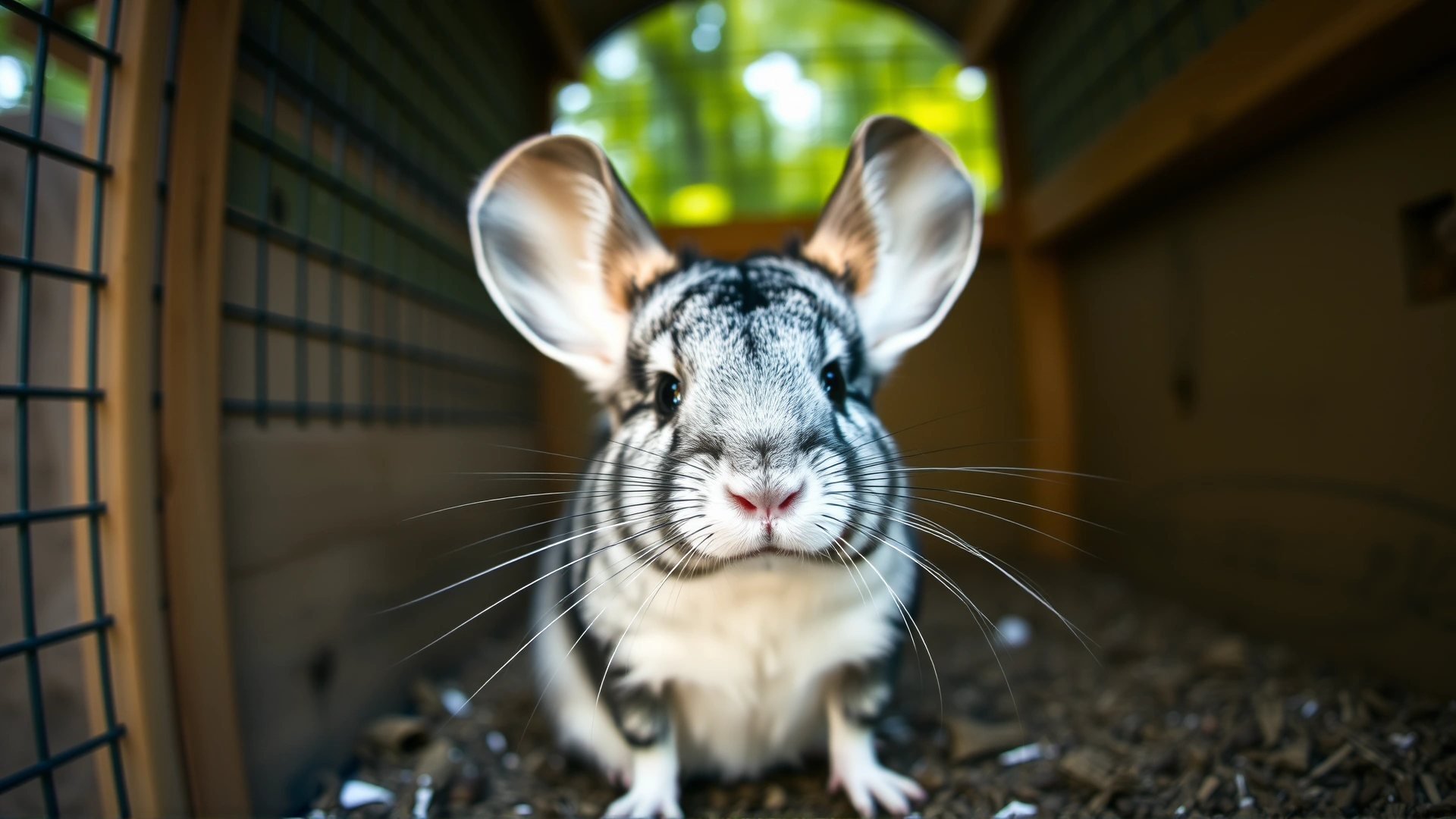 Wide-angle photo of a chinchilla standing alert with ears forward inside a cozy enclosure, softly blurred background, natural lighting.