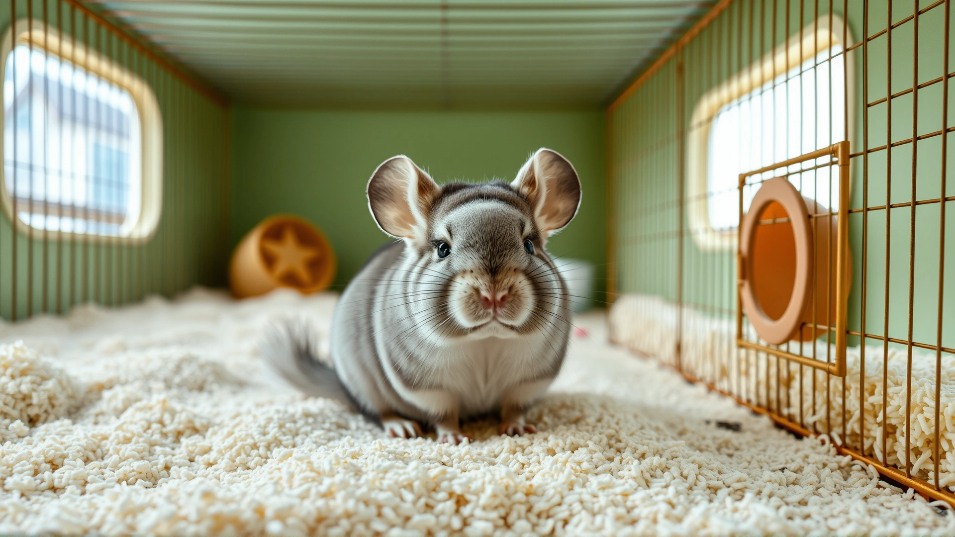 Wide shot of a healthy chinchilla sitting on clean bedding inside a spacious cage, bright and welcoming atmosphere