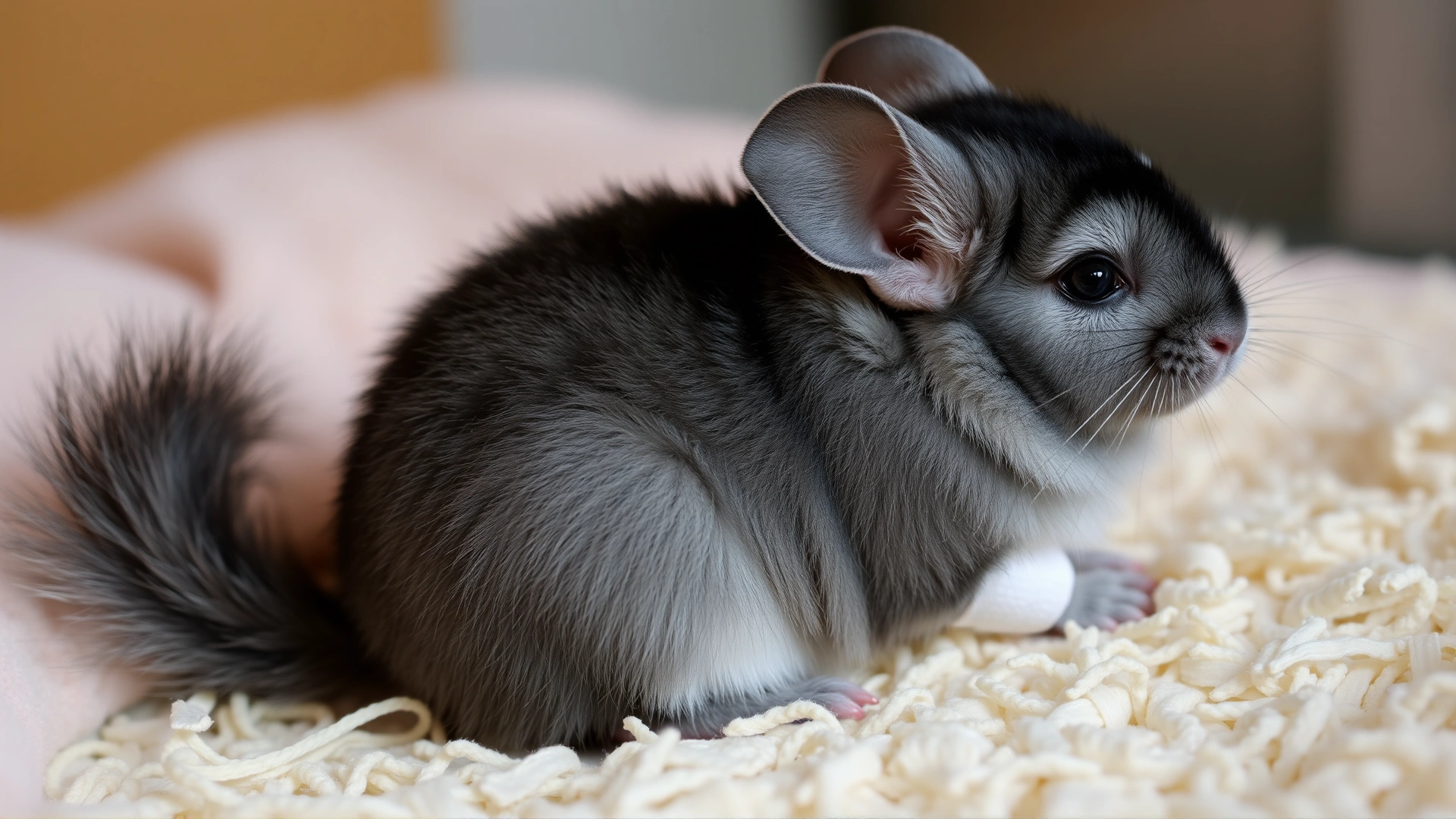 High-resolution close-up of a chinchilla sitting on soft bedding with one front leg gently bandaged, conveying care and recovery.