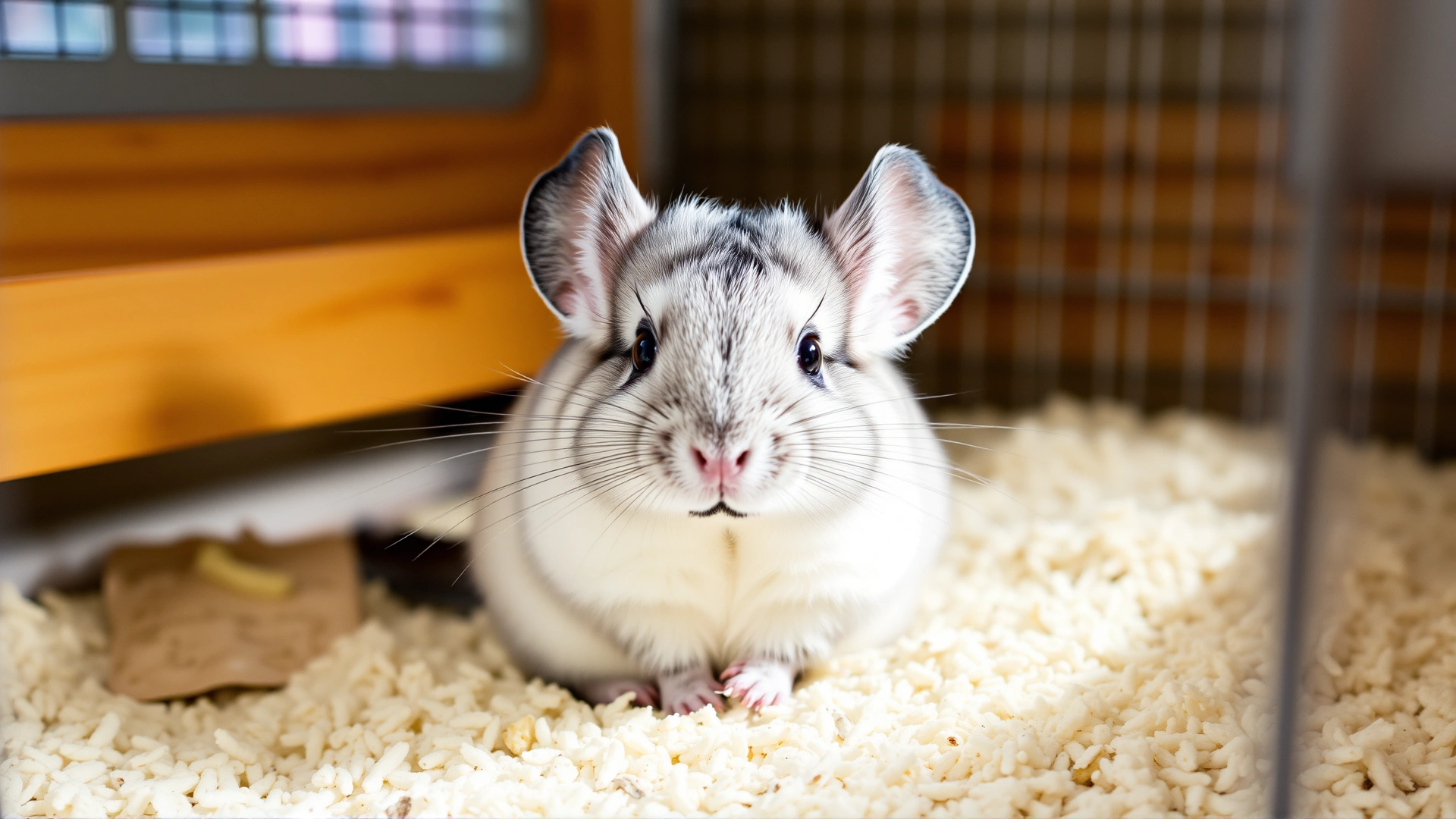 Bright, high-resolution image of a healthy chinchilla sitting on clean bedding in a cozy enclosure, with soft lighting highlighting its fur