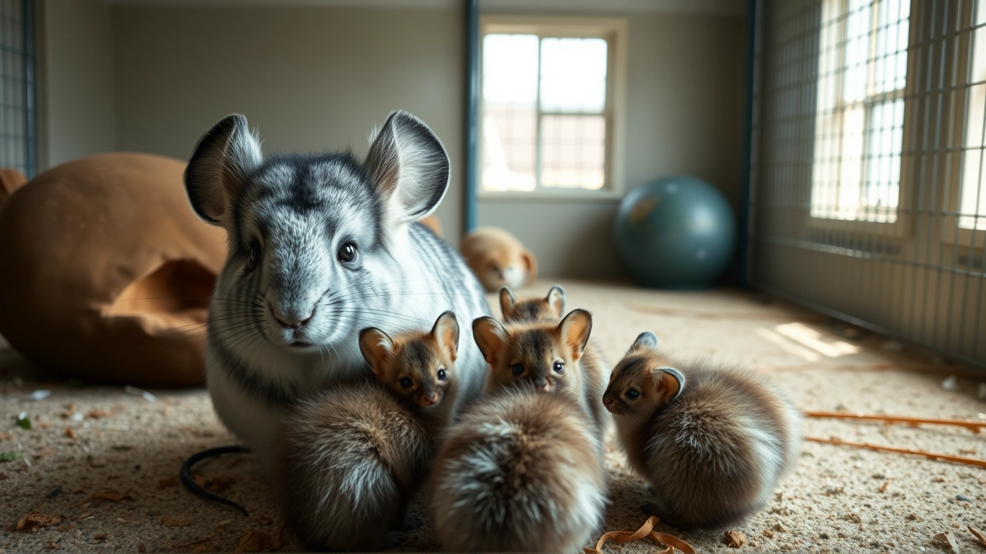 Wide-angle shot of a mother chinchilla in a spacious enclosure with her kits gathered around, soft natural lighting, banner format