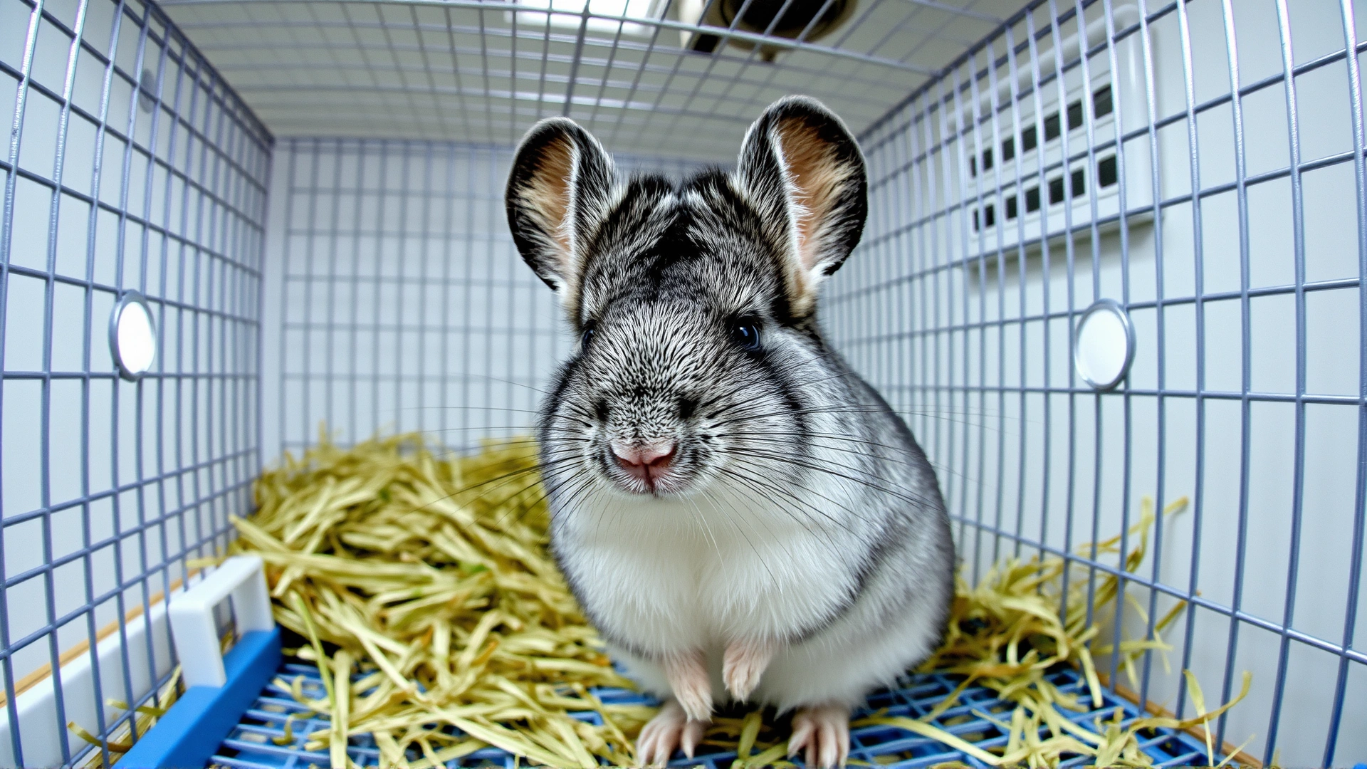 Wide shot of a healthy chinchilla in a clean, spacious cage with fresh hay and proper ventilation, conveying a sense of well-being and care