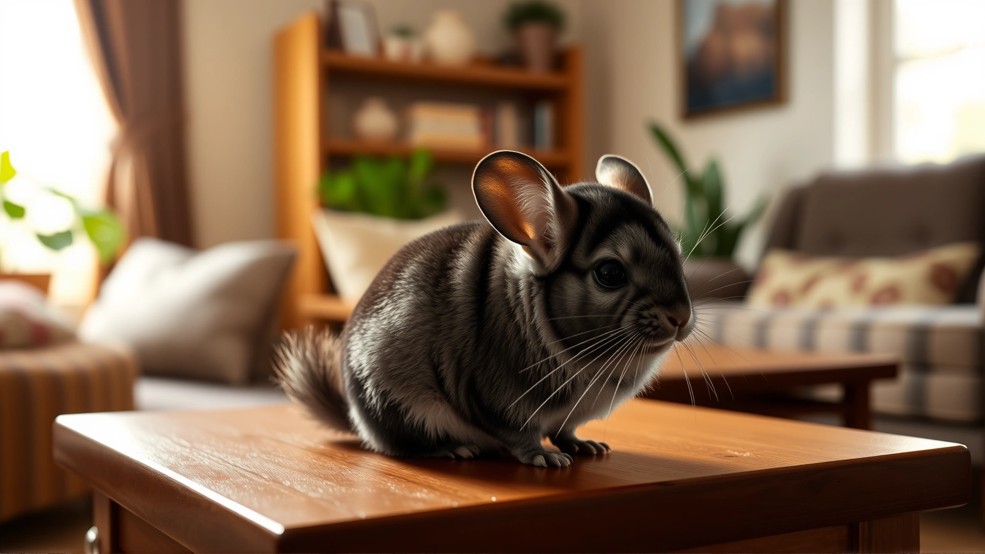 Cute domestic chinchilla sitting on a wooden table in a cozy living room with soft natural light, shallow depth of field