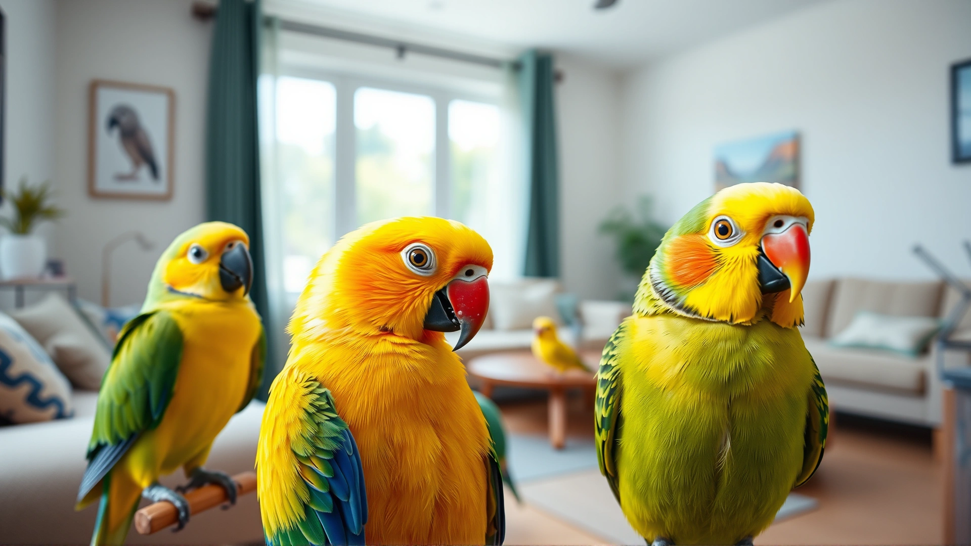 Vibrant wide shot of various companion birds (parrot, canary, cockatiel) in a clean living room setting with natural light, symbolizing healthy pet birds.