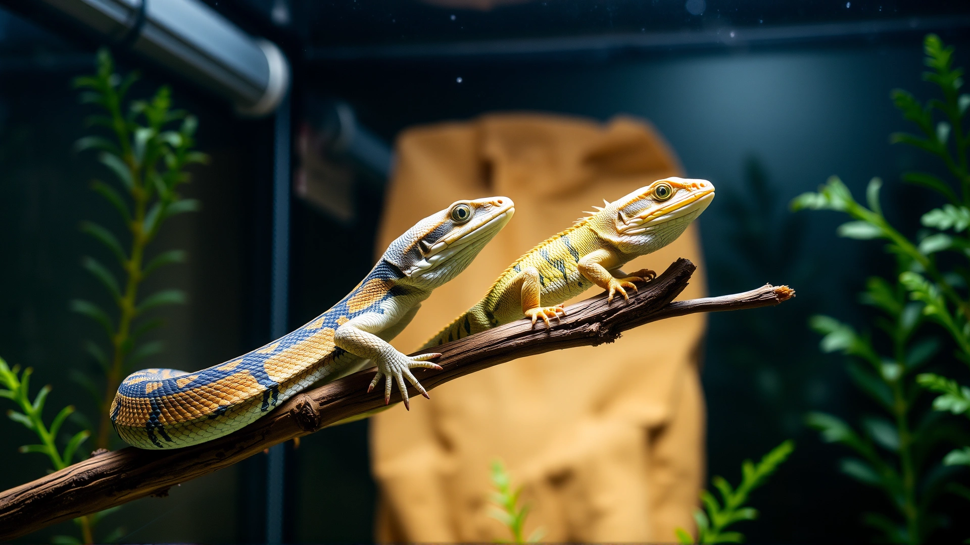 High-resolution image of a healthy captive snake and lizard sharing a branch in a brightly lit terrarium, symbolizing reptile health.
