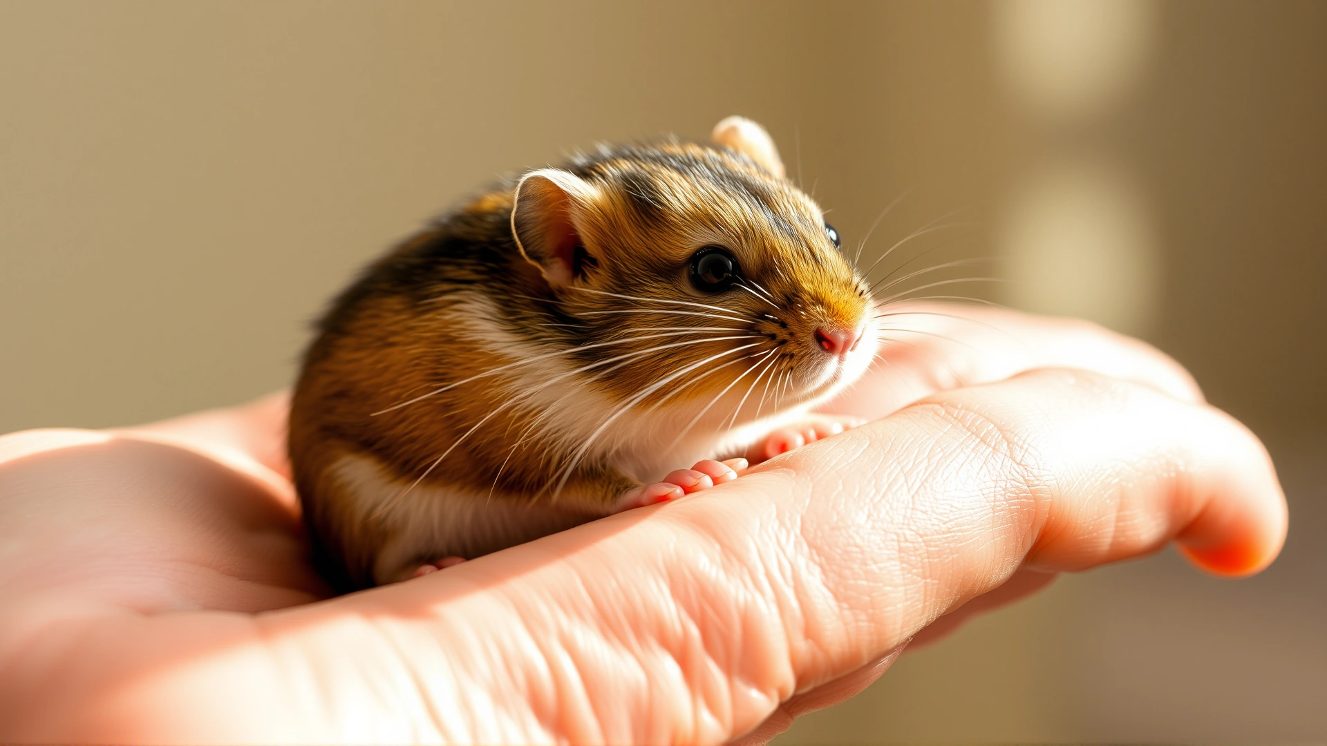 A gentle hand cradling a Mongolian gerbil, soft focus background, conveying care and protection, warm natural light