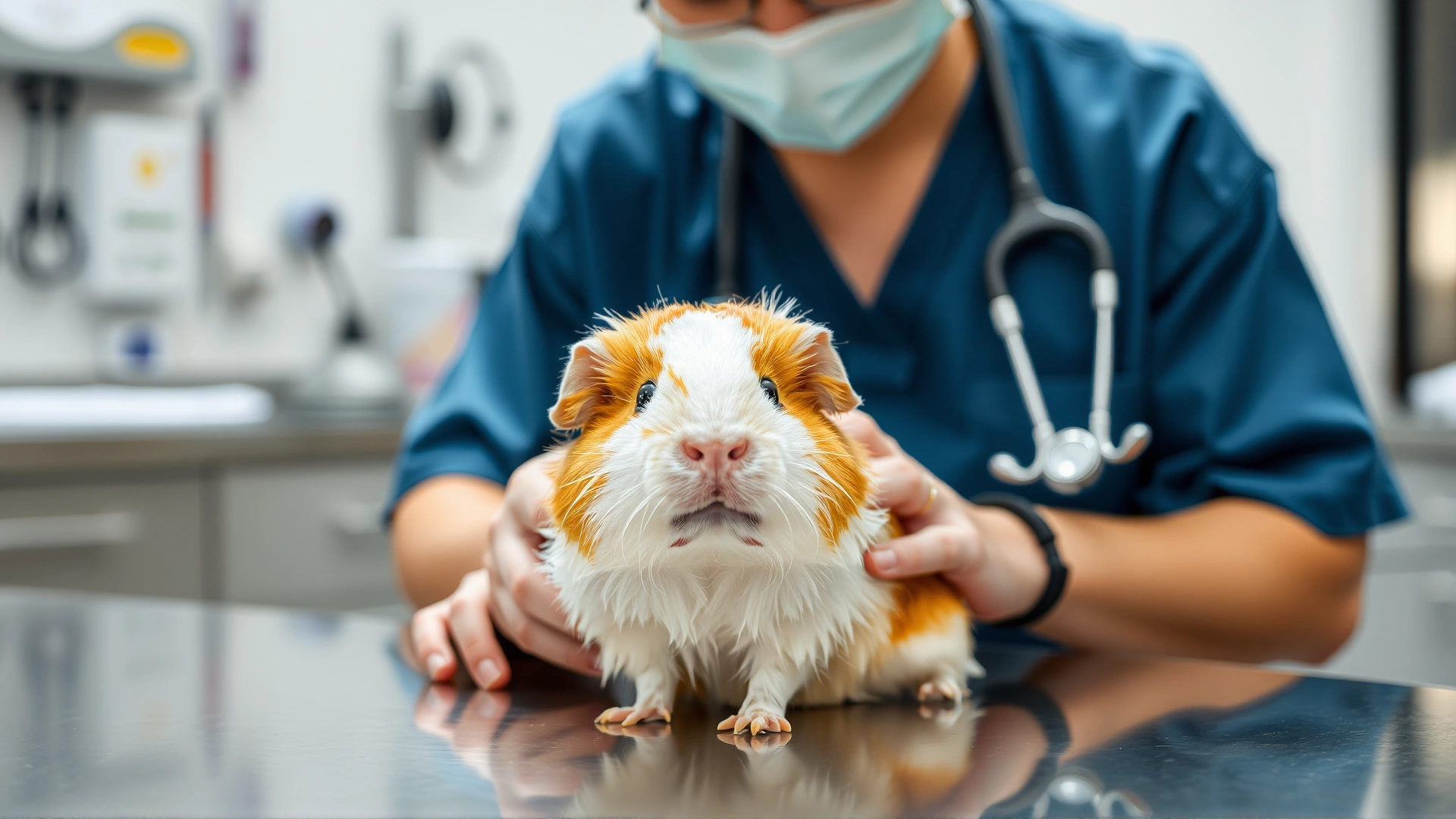 AI image of a compassionate veterinarian examining a guinea pig on a stainless-steel table with clinic equipment blurred in the background, soft natural lighting.