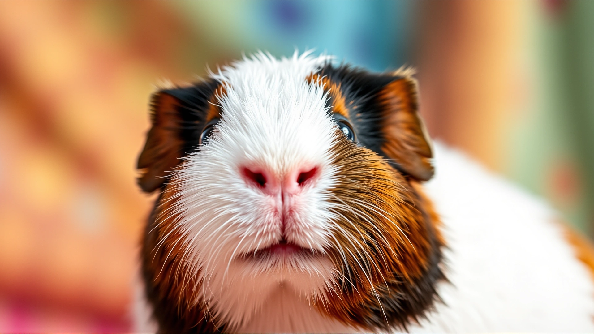 Close-up of an adorable guinea pig with bright eyes against a blurred colorful background, conveying happiness and health