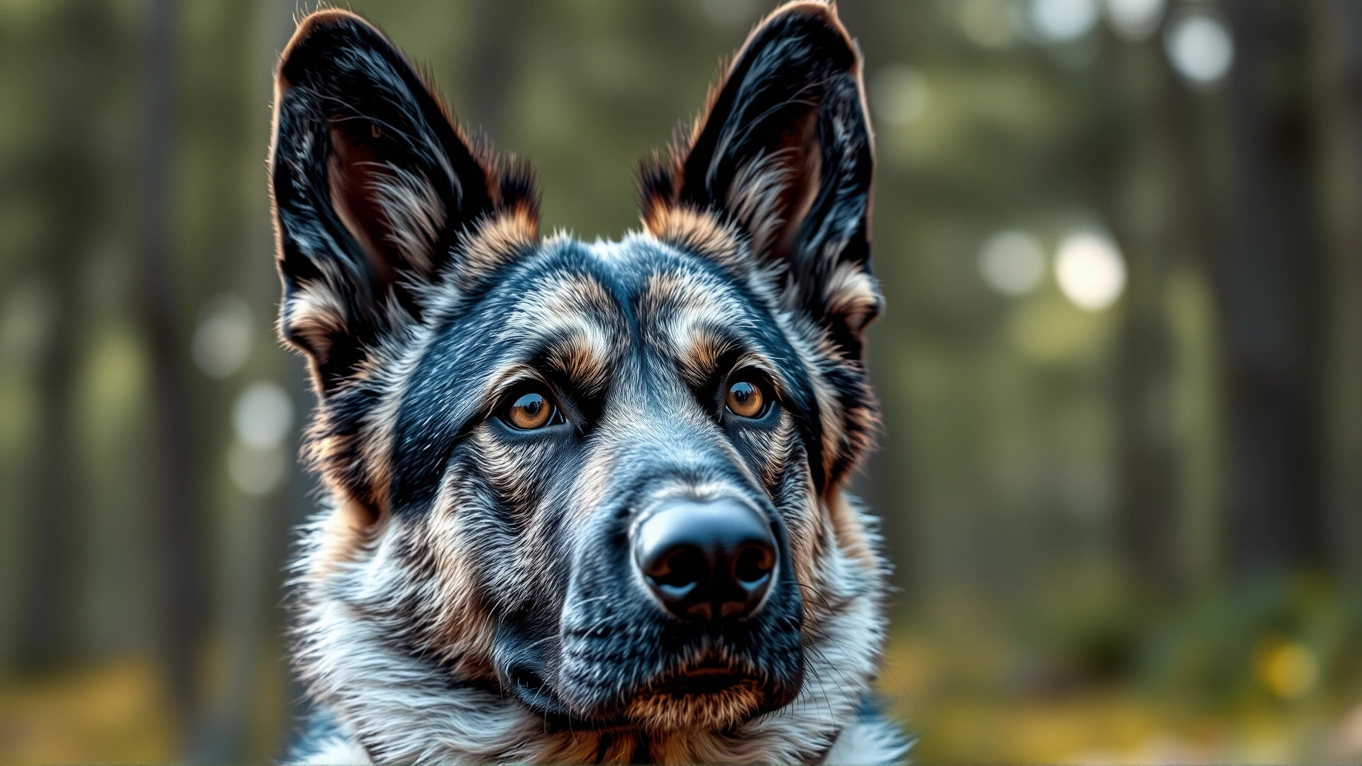 Close-up portrait of a Norwegian Elkhound with alert ears and intense eyes against a blurred forest background, high-resolution, natural light