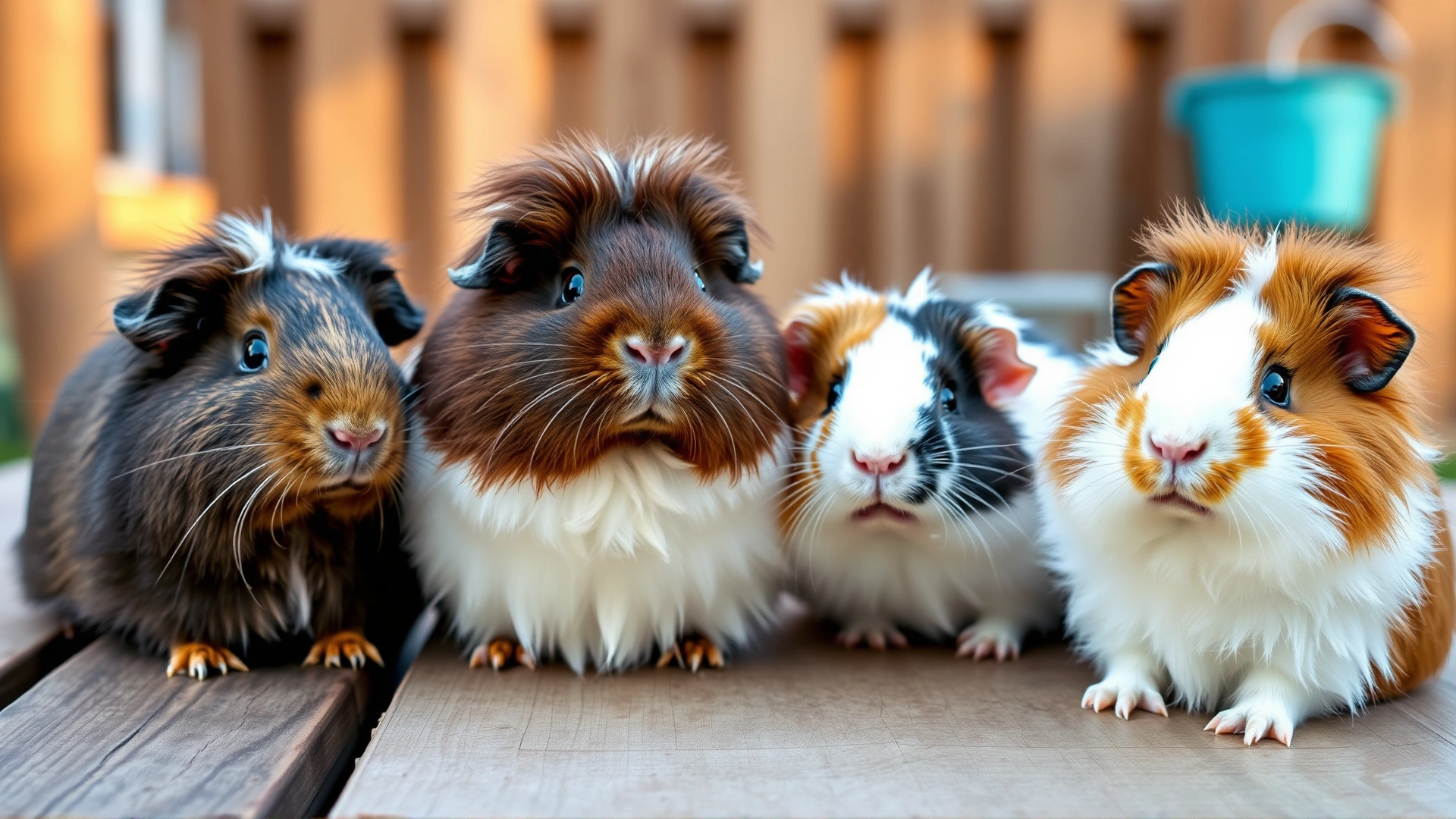 Group of various long-haired guinea pigs (Peruvian, Texel, Silkie) sitting together on a wooden table outdoors in soft morning light, high resolution, no text