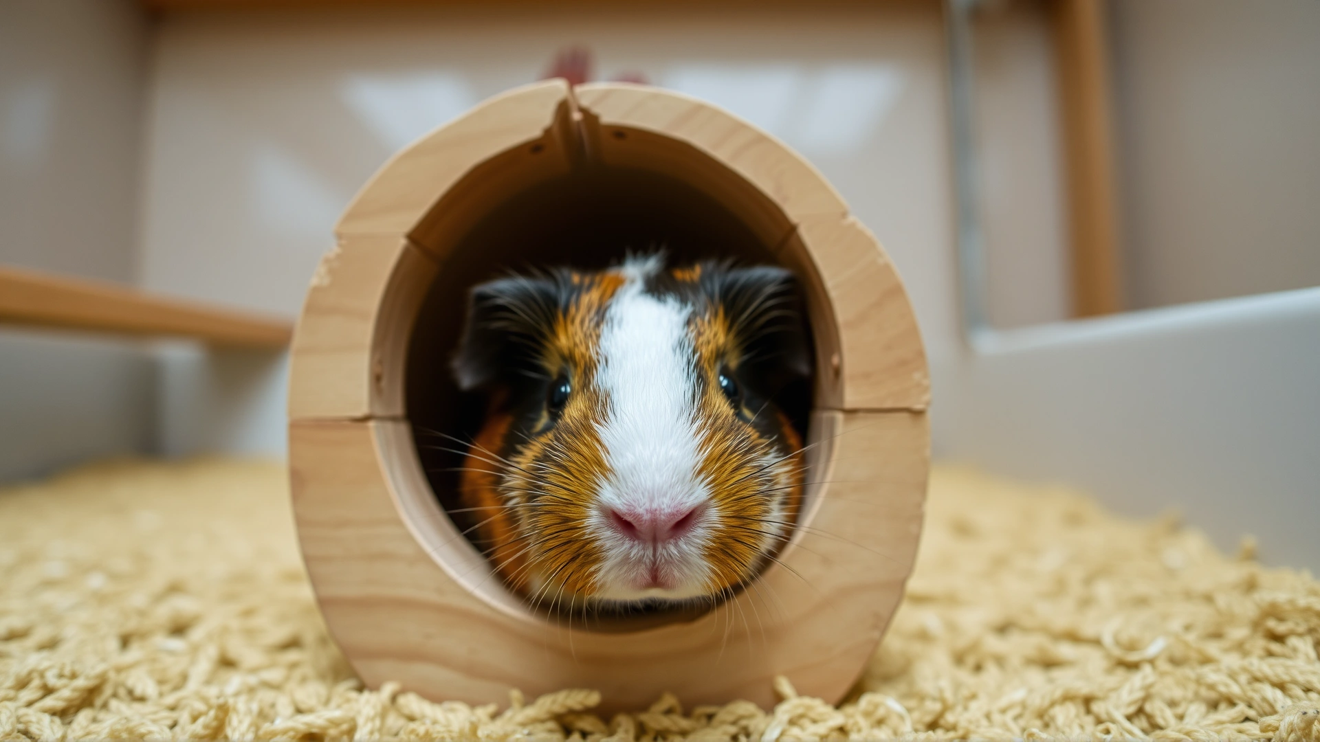 Close-up shot of a curious guinea pig peeking out from a wooden hideout inside a clean, well-lit enclosure
