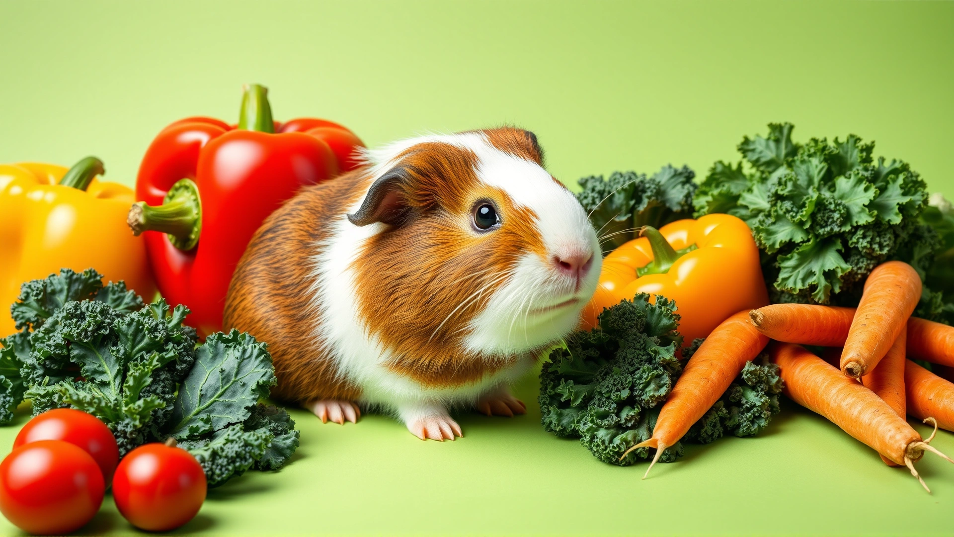 Wide banner shot of a guinea pig sitting next to assorted colorful vegetables like bell peppers, kale, and carrots, on a fresh green background, high resolution, bright and inviting
