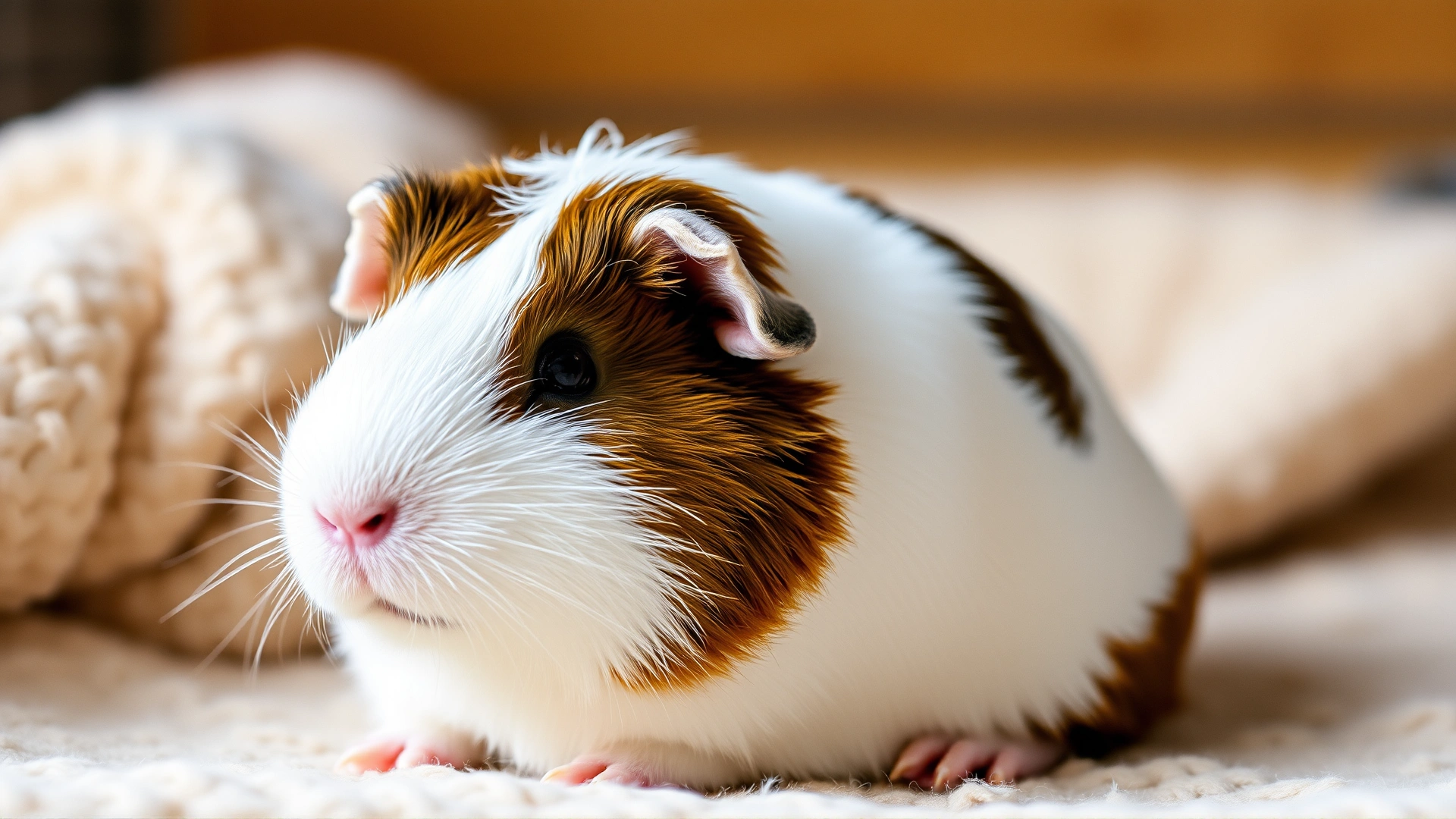 Close-up, well-lit image of a healthy guinea pig sitting on soft bedding with a slight focus on its paws, conveying comfort and care.