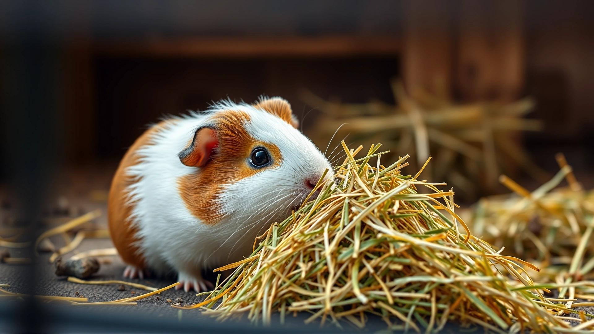 Wide banner image of a guinea pig sniffing but refusing a pile of fresh hay in its enclosure, soft depth of field